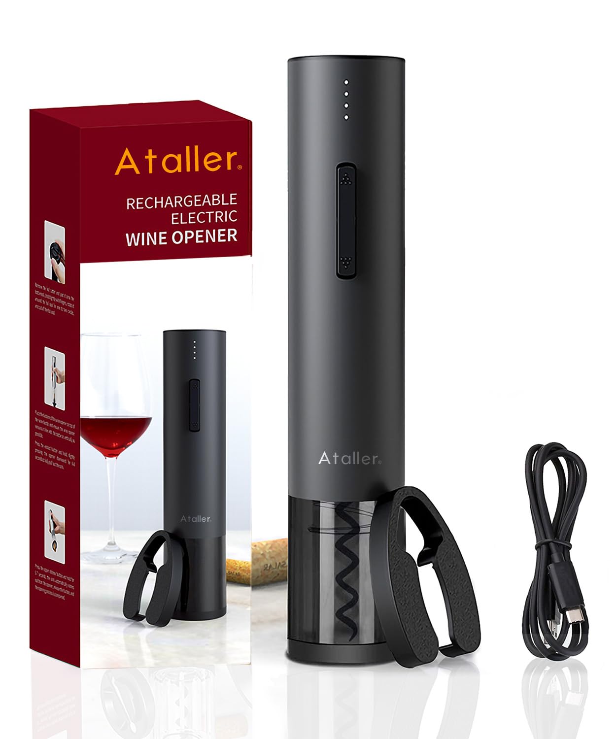 Ataller Rechargeable Electric Wine Bottle Openers, Cordless Automatic Wine Corkscrews Opener with Foil Cutter and USB Charging Cable, Black