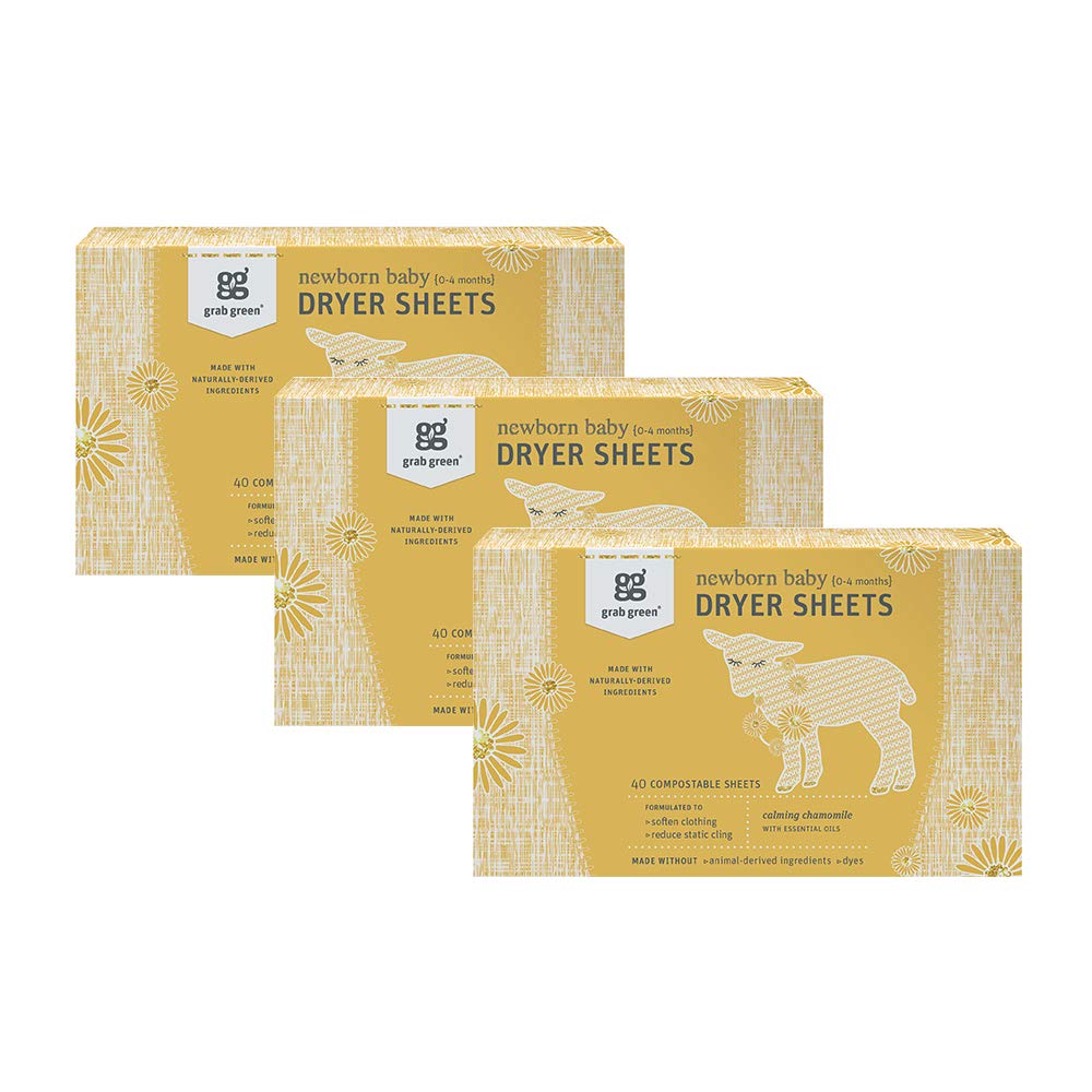Grab Green Newborn Baby Dryer Sheets, 120 Sheets, Chamomile Scent, Plant and Mineral Based, Compostable, Softens Clothing and Linens, Reduces Static Cling