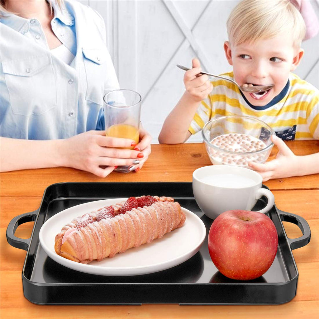 HSDT Black Melamine Serving Tray with Handles 15.3"x12.6" Square Flat Spillproof Tray Set of 2