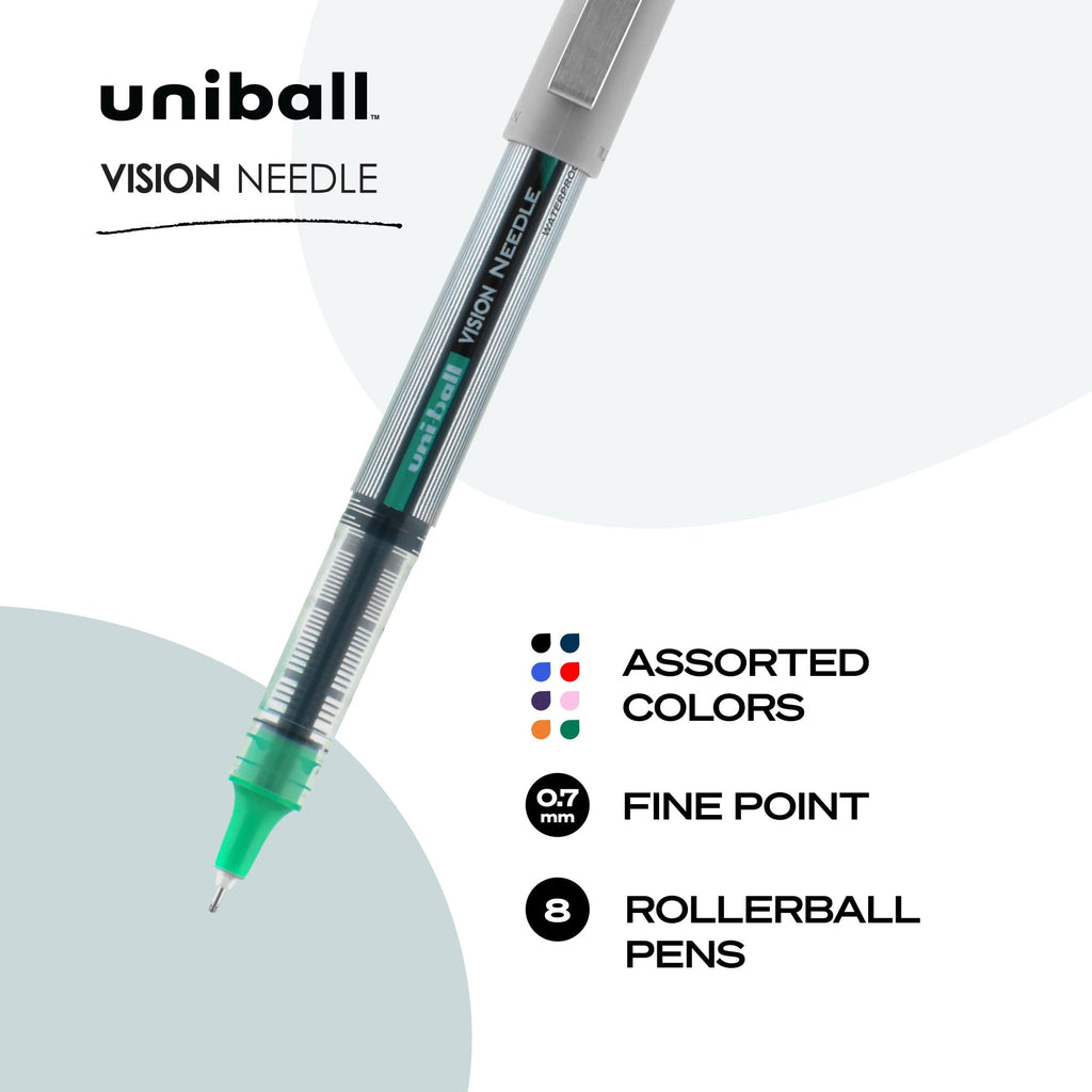 uni-ball Vision Rollerball Pens, Fine Point (0.7mm), Assorted Colors, 8 Count