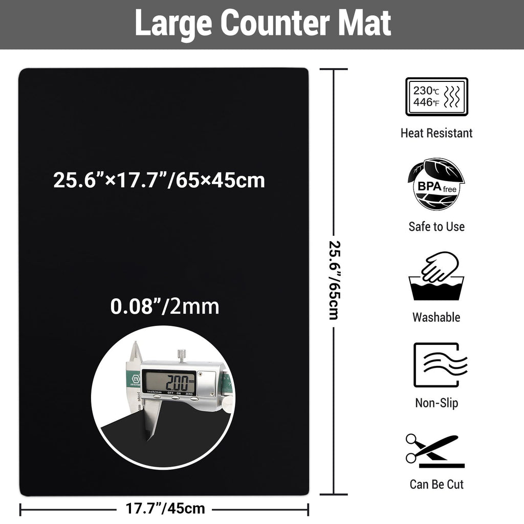 Ewen 25.6x17.5 Inch Large Silicone Kitchen Counter Mat, 2MM Thick Heat Resistant Countertop Protector, Silicone Mat Under Air Fryer, Toaster Oven, Microwave, Coffee Maker, Cutting Board, Drill, Black