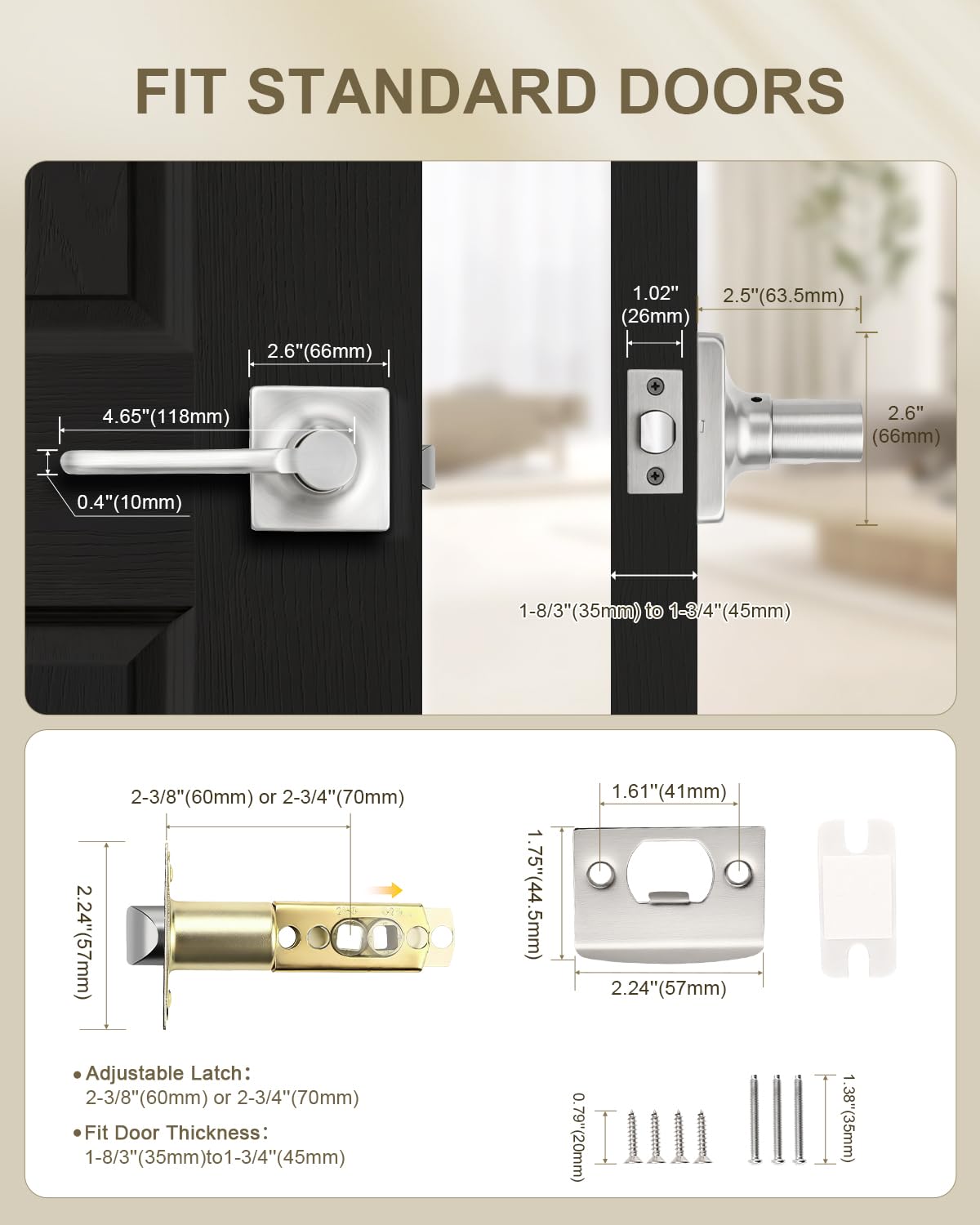GOBEKOR 1 Pack Satin Nickel Interior Door Handles Heavy Duty Passage Door Levers Indoor Door Levers Keyless Interior Door Handle for Hallway & Closet