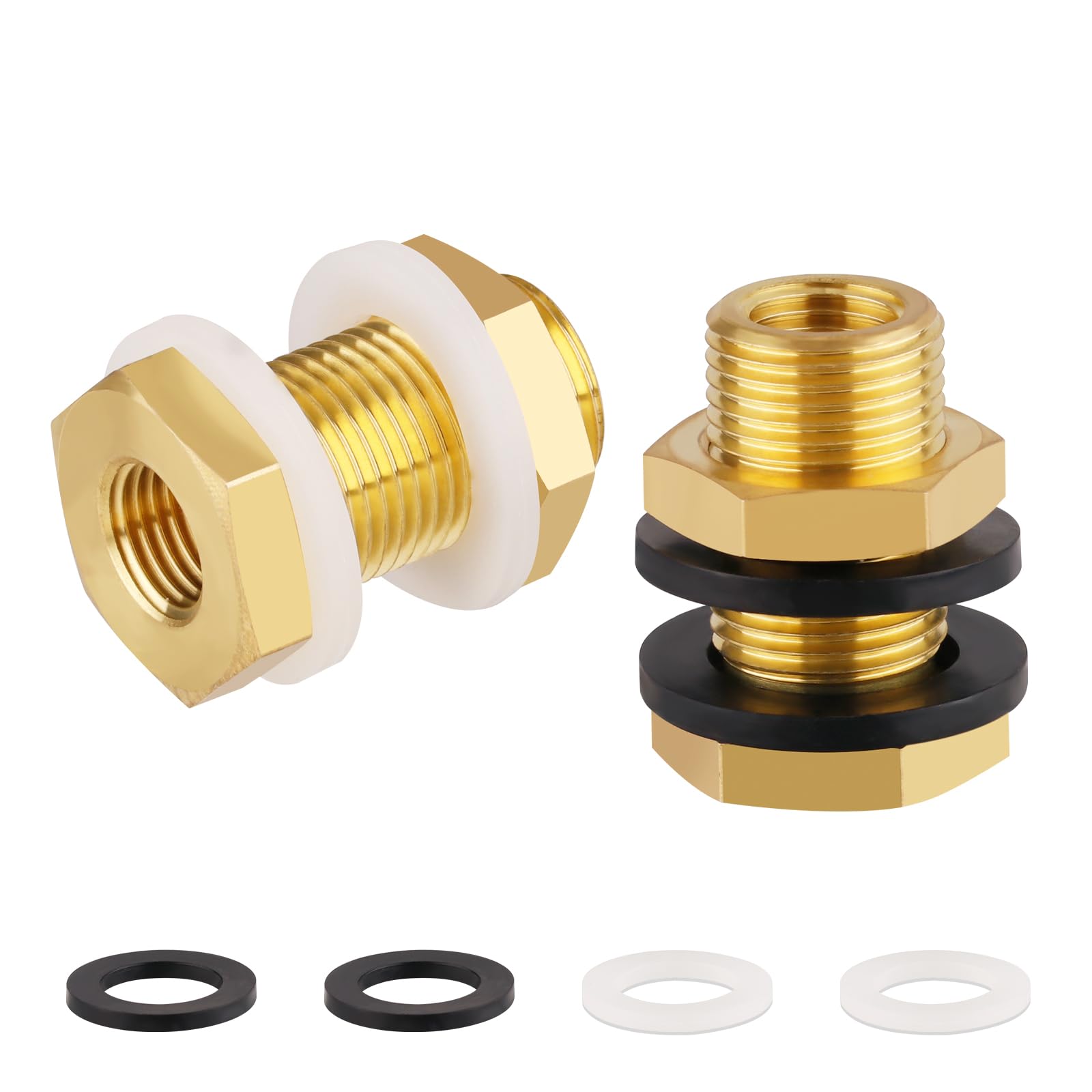 KOOTNAS 2-Pack Solid Brass Bulkhead Fittings, 1/4 NPT Taper Female 3/4" Straight Male Thread Brass Water Tank Connector with 4 Rubber Rings 4 Silicone Rings, for Tank Body, Wooden Barrels