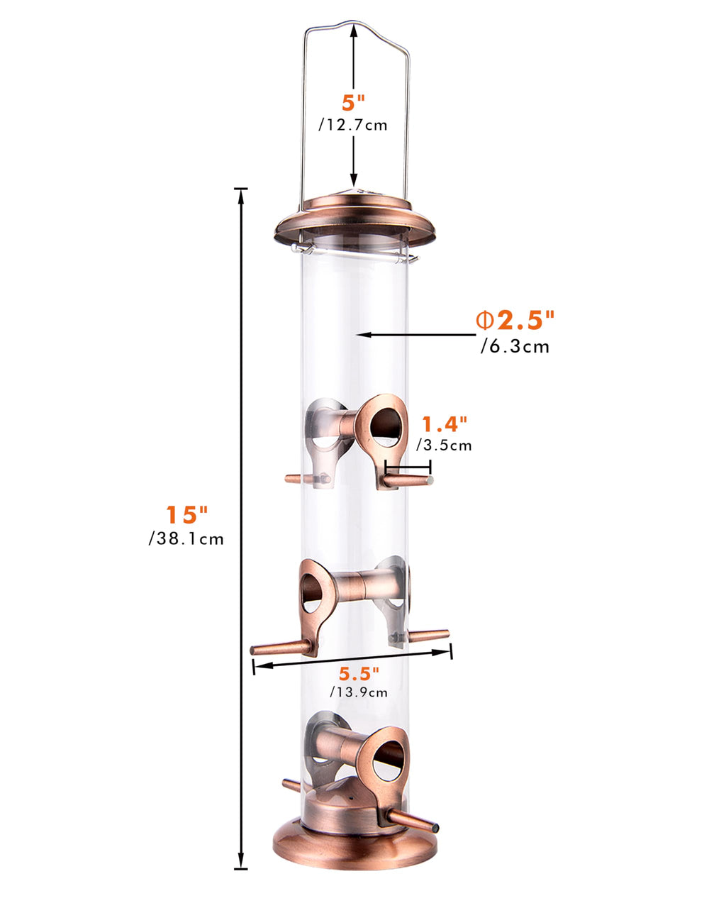 iBorn Metal Bird Feeders Brushed Copper Wild Bird Feeder for Outdoors Hanging All Metal Brushed Copper Finishing 15 Inch 6 Port,Pack of 1(Seed is not Included)