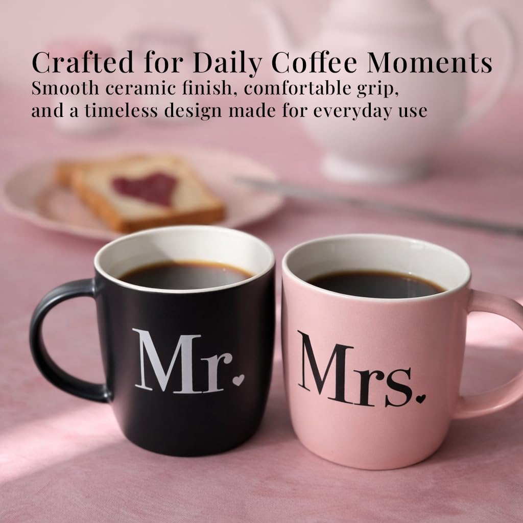 Triple Gifffted Mr and Mrs Coffee Mugs Couples Gifts Ideas for Wedding Anniversary Engagement Valentines Christmas His Hers Present Husband Wife Him Her Men Women, Bride Groom Newlyweds, Ceramic 13Oz