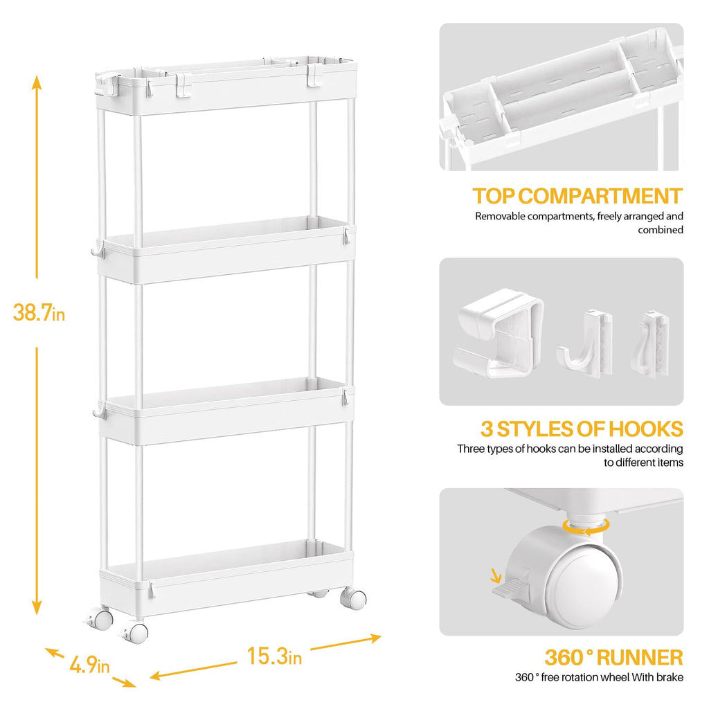 SPACELEAD Slim Storage Cart 4 Tier,Bathroom Storage Organizer Rolling Utility Cart, Mobile Shelving Unit Slide Out Storage Cart for Office, Bathroom, Kitchen, Laundry Room & Narrow Places,White