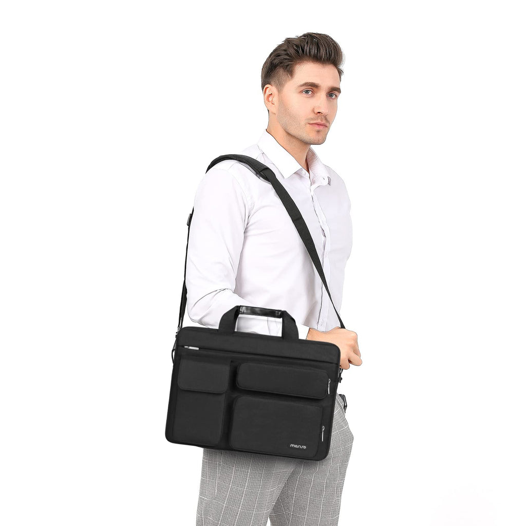 MOSISO Laptop Bag 13.3 inch, 13-13.3 inch Computer Shoulder Bag Compatible with MacBook Air/Pro 13/Pro 14, HP Dell ASUS Notebook &2 Raised&1 Flapover&1 Horizontal Pocket&Handle&Belt, Black