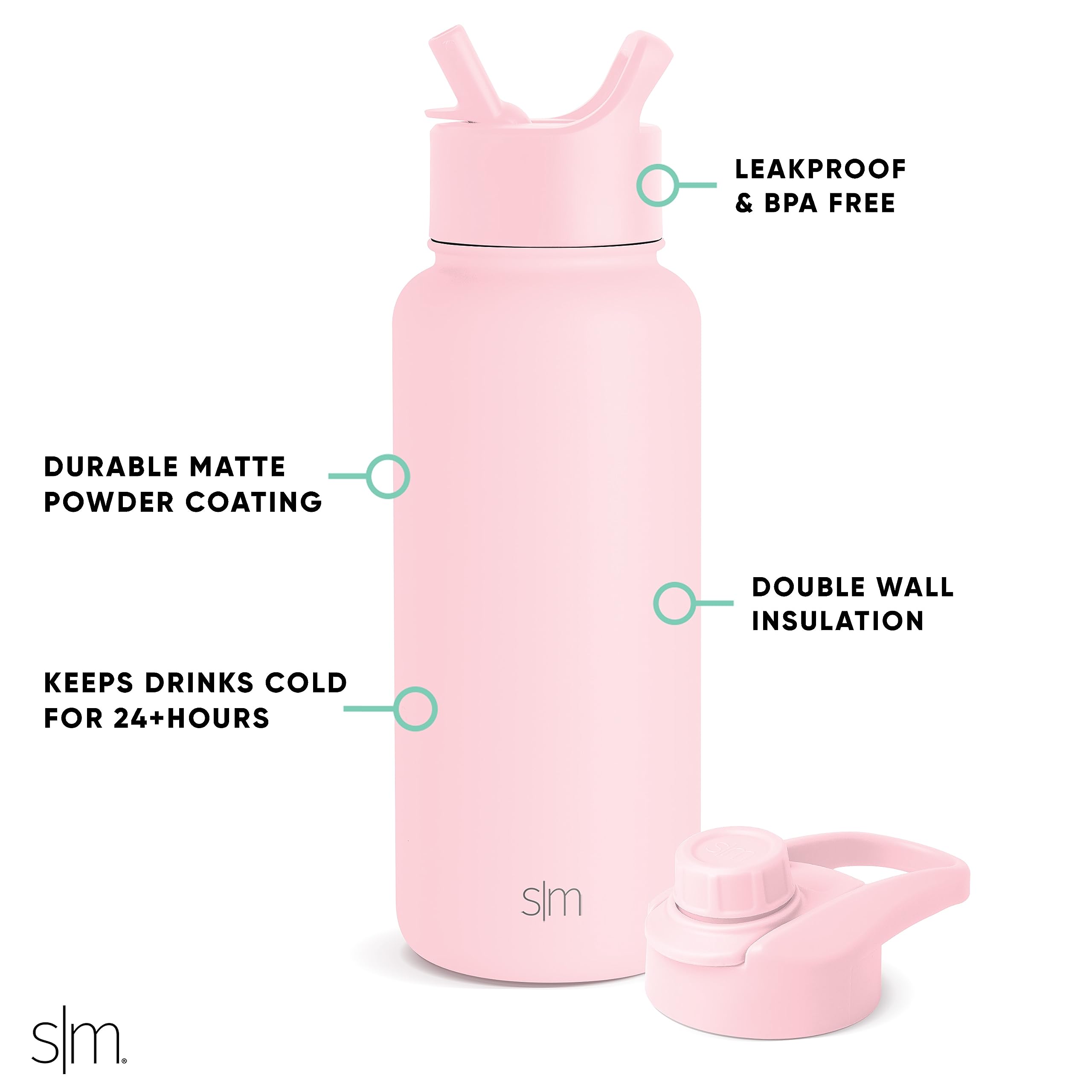 Simple Modern Water Bottle with Straw and Chug Lid Vacuum Insulated Stainless Steel Metal Bottles | Reusable Leak Proof BPA-Free Flask for Sports Gym | Summit Collection | 32oz, Blush
