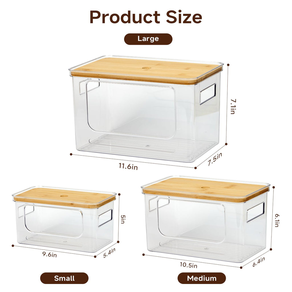 Kithero Trash Bag Holder 3-Pack,Trash Bag Dispenser with Bamboo Lid, Stackable Acrylic Garbage Bag Dispenser for Under Sink Use in Kitchen, Laundry Room, and Pantry, Large Capacity Garbage Bag Holder