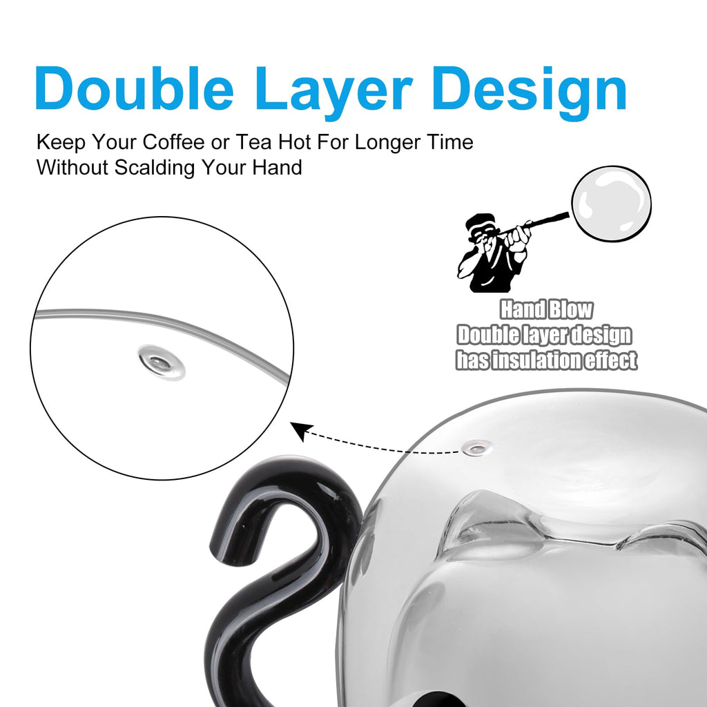 Bkinpid Cute Cat Double Wall Glass Mug, Black Cat 100% Borosilicate Thick Glass with Handle, Heat Resistance, Gift Wrapped