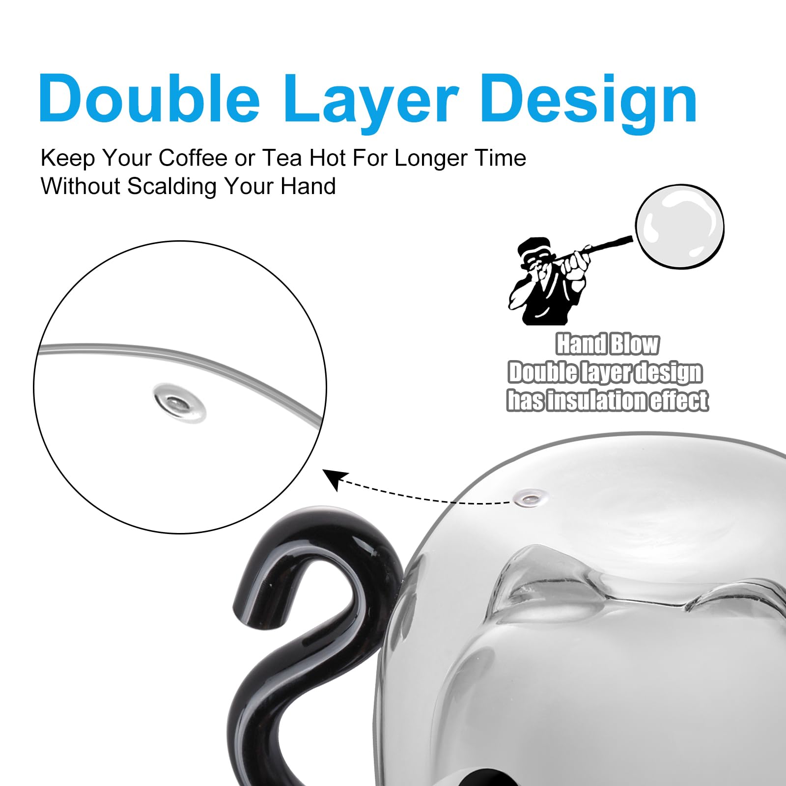 Bkinpid Cute Cat Double Wall Glass Mug, Black Cat 100% Borosilicate Thick Glass with Handle, Heat Resistance, Gift Wrapped