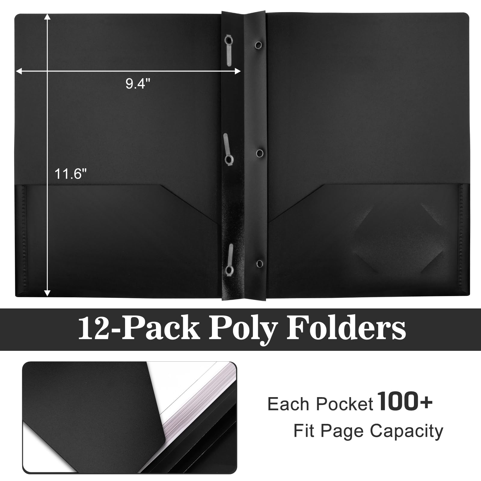 EEHZTSI 12-Pack Plastic Folders with Pockets and Prongs,2-Pocket Folders with 3 Fasteners, Poly Folders Holds 8-1/2" x 11" Paper for School/Office/Home (12, Black)