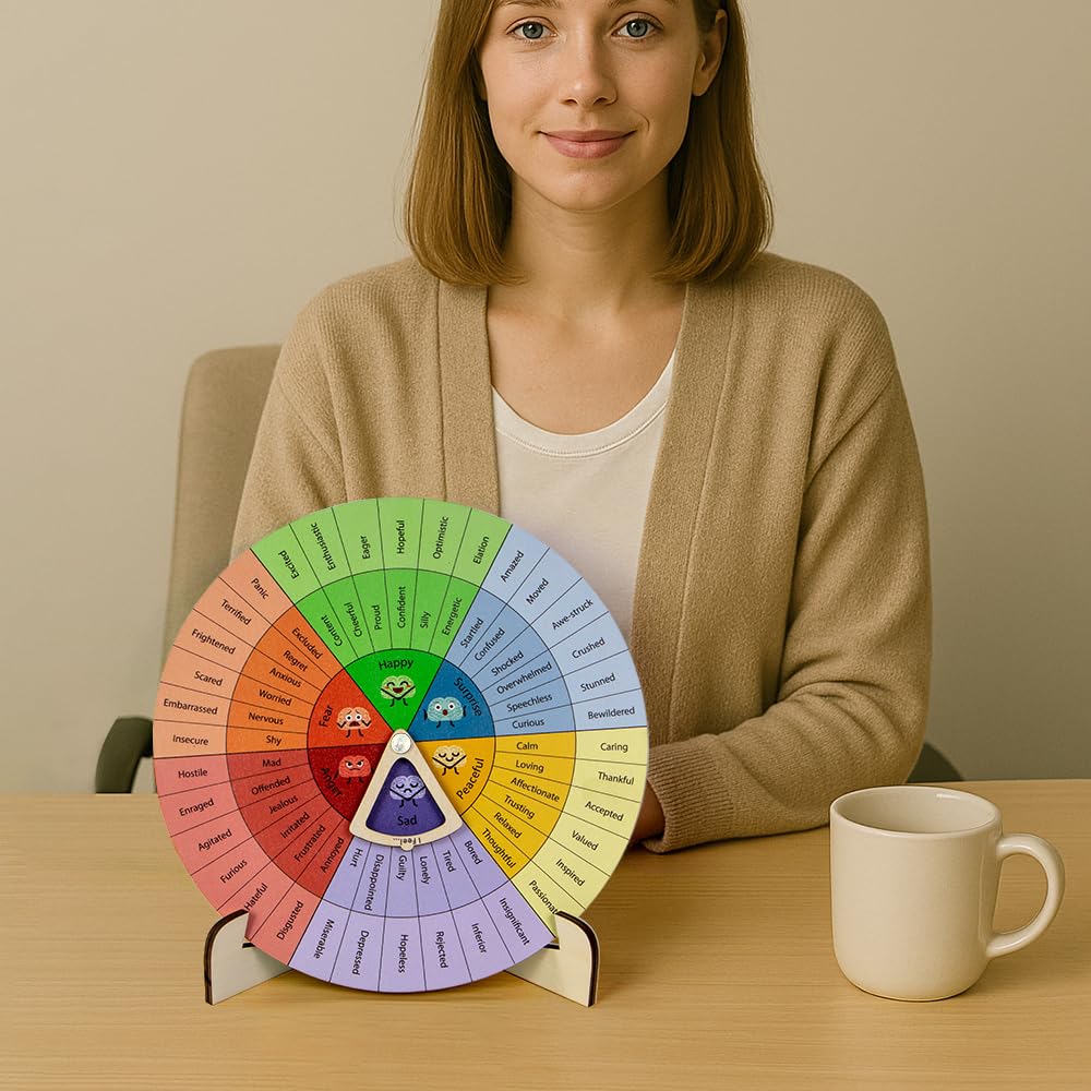 Feelings Wheel Therapy Office Desk Decor - Large Mental Health Emotions Chart with Spinning Pointer & Stand - Therapist Gifts for Home Office, Kids & Adults, Calming Tool, Emotion Wheel