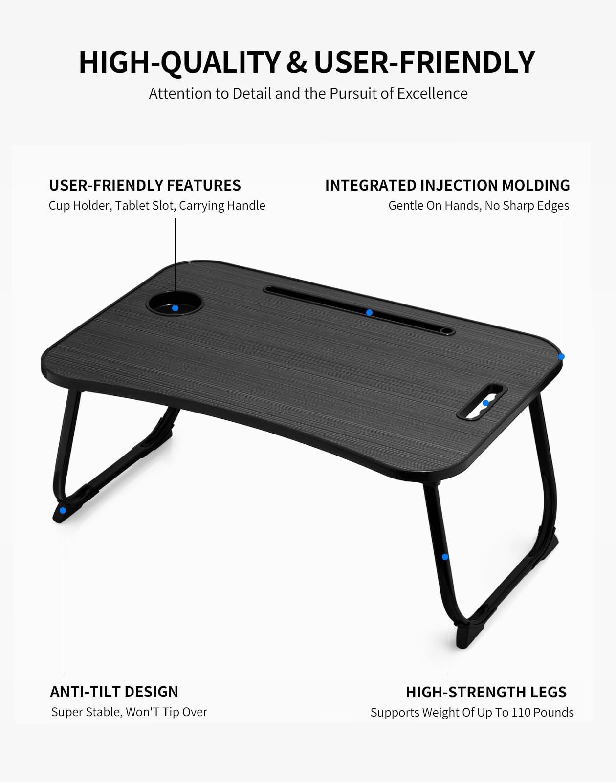 ZEAPTAC Laptop Bed Desk, Foldable Lap Desk, Portable Lap Table, Laptop Stand with Cup Holder & Tablet Slot & Lifting Handle for Working Writing Drawing & Eating - Dark Black