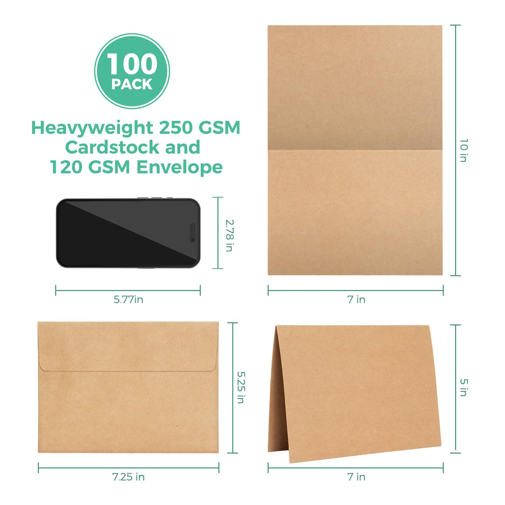 Ohuhu Blank Cards and Envelopes 100 Pack - 5 x 7 Heavyweight Kraft Paper Folded Cardstock With A7 Envelopes for DIY, Wedding, Birthday, Invitations, Thank You & All Occasion