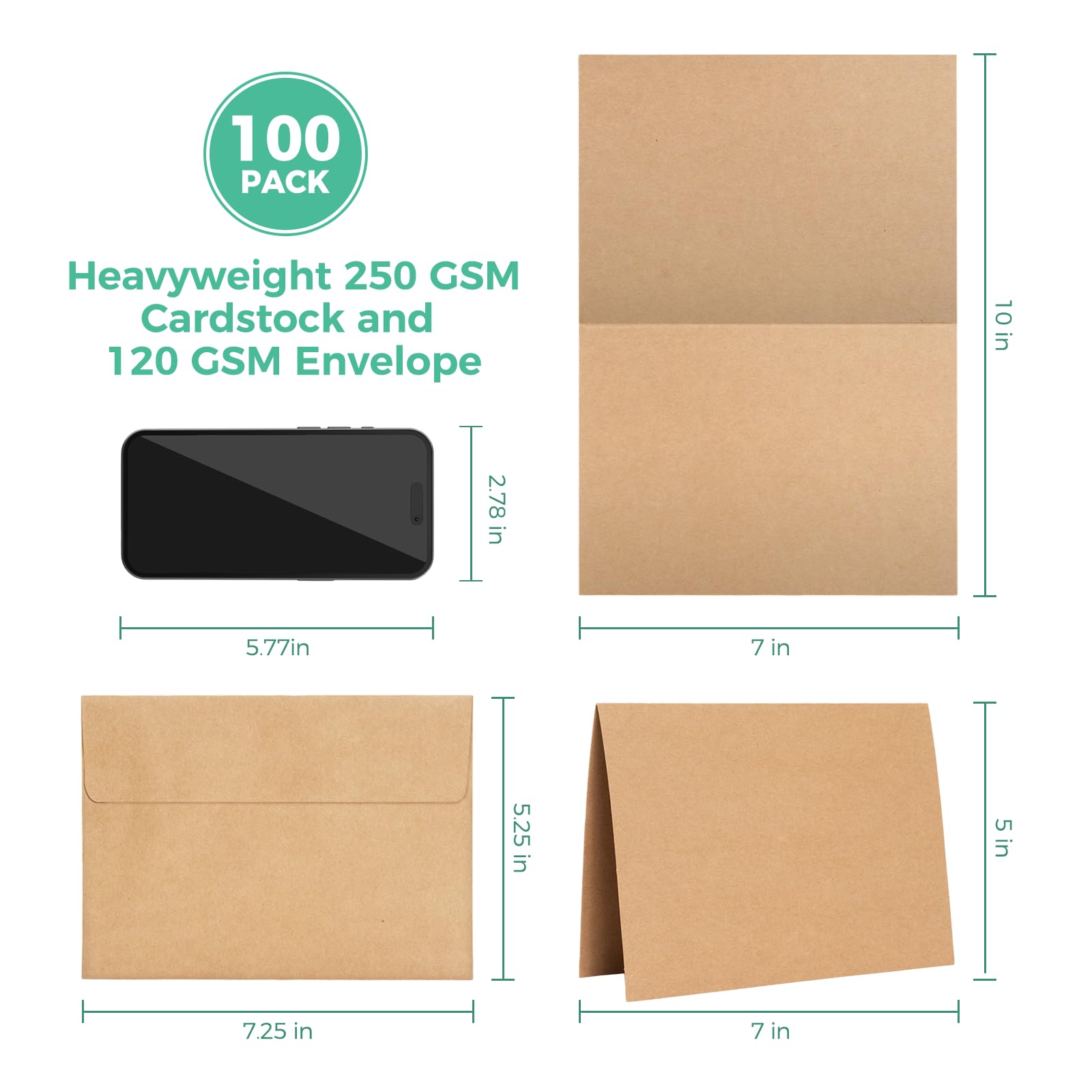 Ohuhu Blank Cards and Envelopes 100 Pack - 5 x 7 Heavyweight Kraft Paper Folded Cardstock With A7 Envelopes for DIY, Wedding, Birthday, Invitations, Thank You & All Occasion