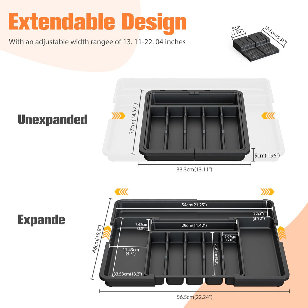 Ceecysaa Cutlery Organizer with 2 Removable Knife Blocks, Expandable Utensil Tray,Adjustable Cutlery Tray Drawer Organizer for Spoons, Knives, Kitchen Organizers and Storage,ABS,Black(6-9 Slots)