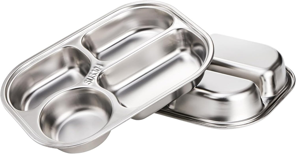 DEAYOU 4 Pack 18/10 Stainless Steel Divided Plate, Small Child Plate with 4-Compartment, Portion Control Serving Platter, Mess Food Sectioned Tray for Dinner, Lunch, Cafeteria, Kids, Adult