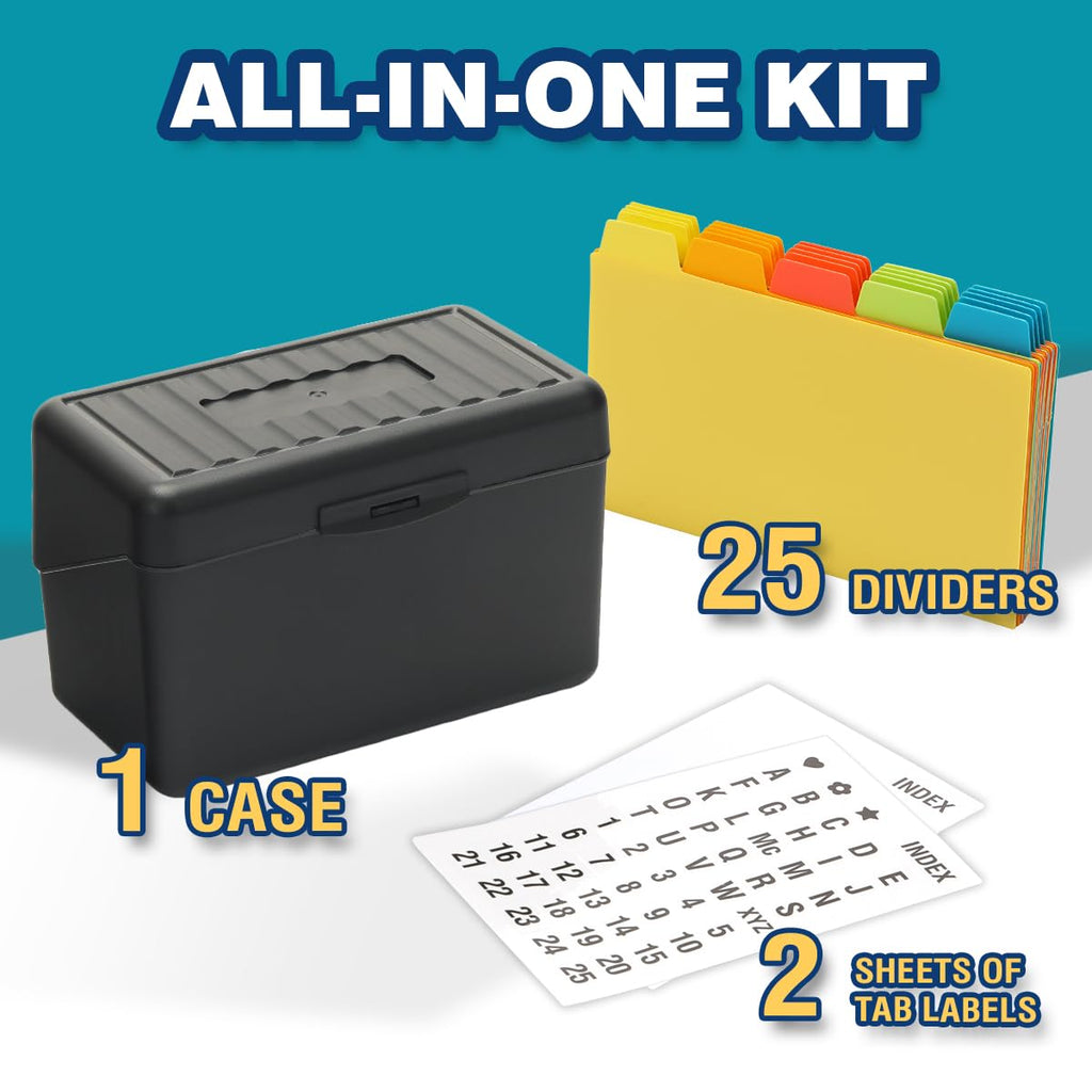 H4D Index Card Holder 3x5 Inches with 25 Plastic Dividers, Black