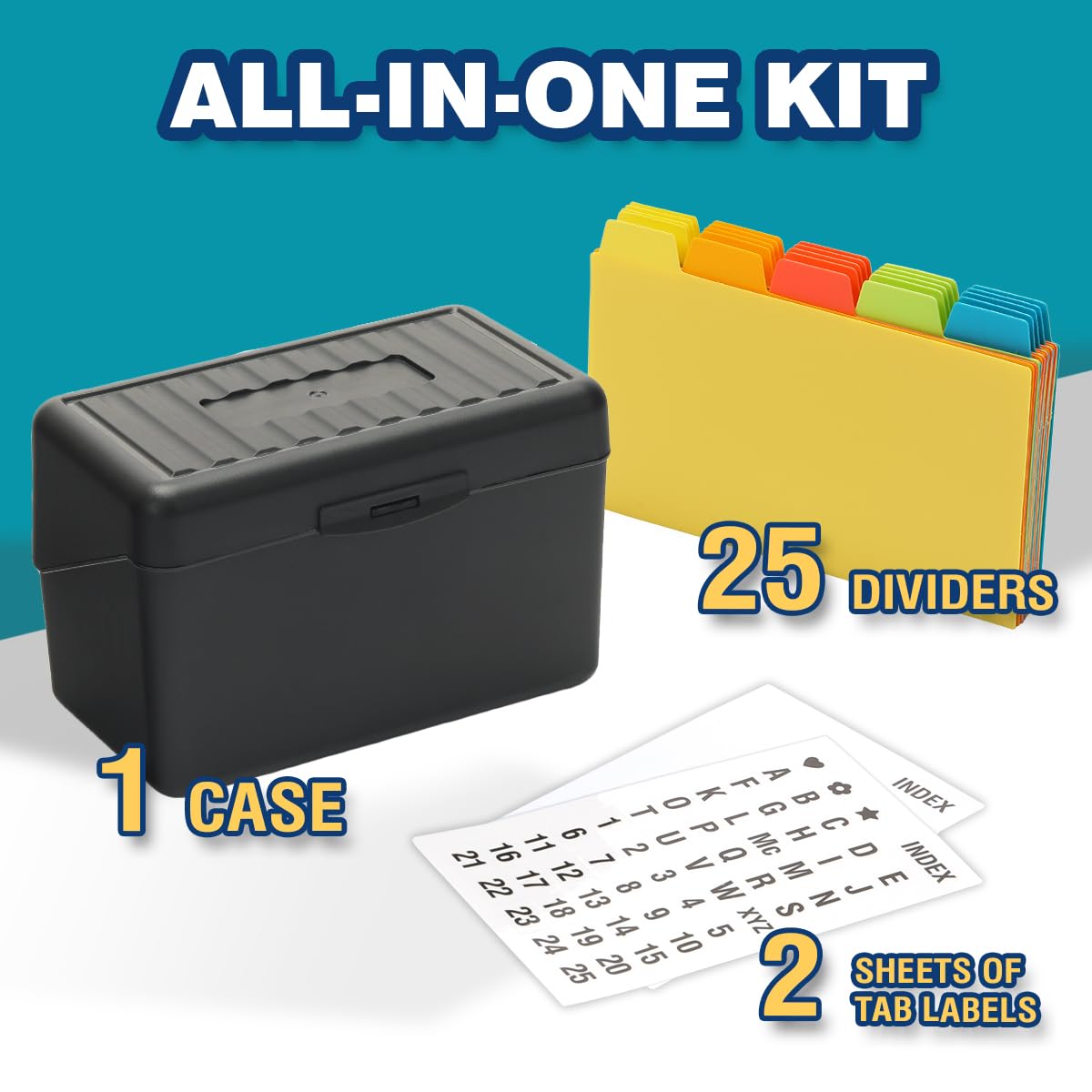 H4D Index Card Holder 3x5 Inches with 25 Plastic Dividers, Black