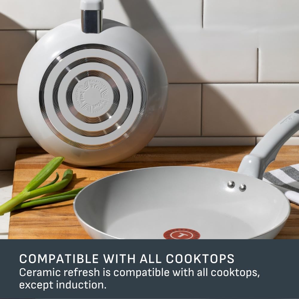 T-FAL Refresh Ceramic Cookware Set, 2-Piece Fry Pan Set, 8 Inch (20 cm) & 10 Inch (26 cm), Nonstick Ceramic Pans for Healthy Cooking, Durable Eco-Friendly Ceramic Refresh Cookware, Moon Grey.
