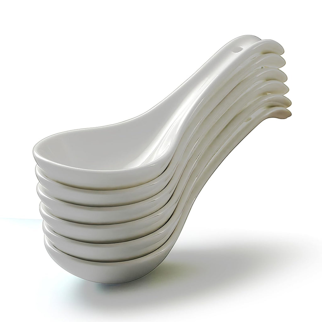 IQCWOOD White Asian Soup Spoons Set of 6, 6.75 inch Porcelain Spoon, Japanese Soup Spoons for Cereal Ramen- Deep Oval Hook Design