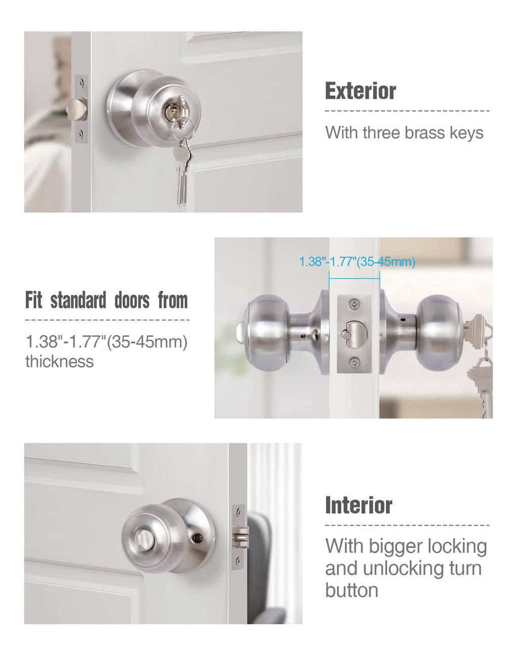 Door Knobs Interior Keyed Difference Entry Front Bedroom Doorknobs with Lock Flat Ball Handle Lock Sets in Satin Nickel