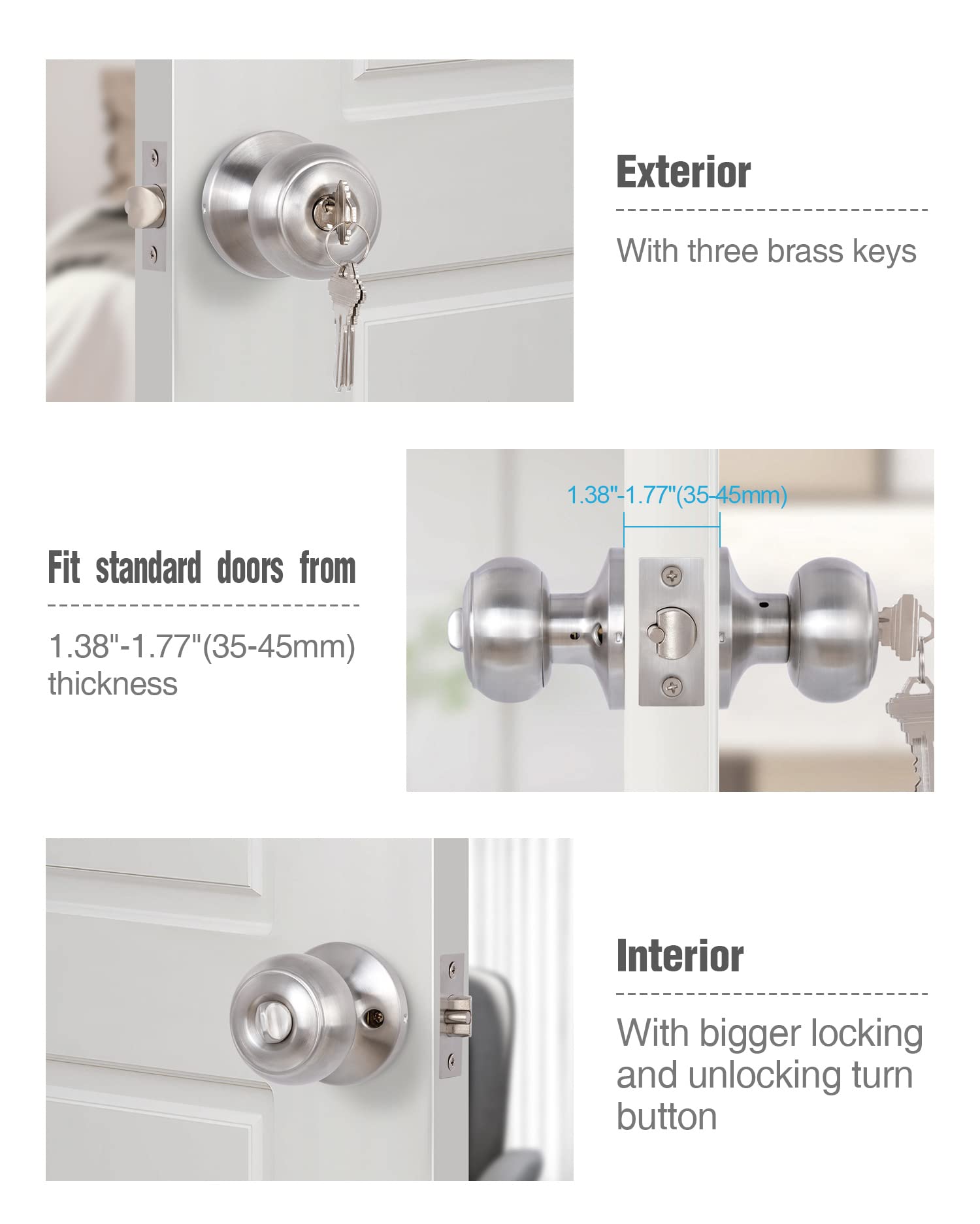 Door Knobs Interior Keyed Difference Entry Front Bedroom Doorknobs with Lock Flat Ball Handle Lock Sets in Satin Nickel
