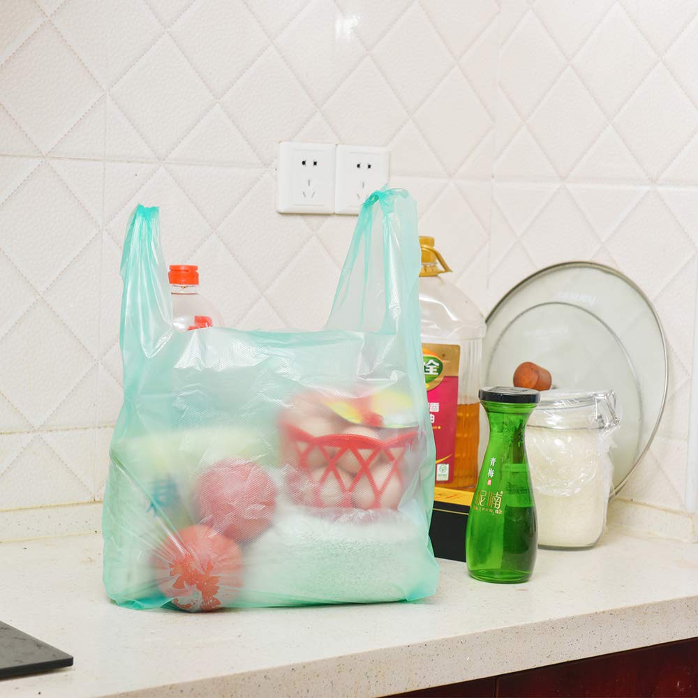 T Shirt Bags Plastic Grocery Bags with Handles in Bulk for Shopping and Surpermarket, Bolsas De Plastico para Negocio,12 x 20 Inch (Lake Blue 200 Pcs)