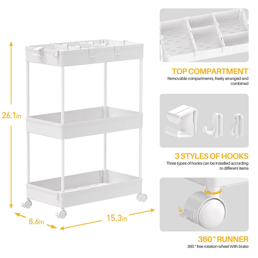 SPACELEAD 3 Tier Rolling Cart with Wheels, Storage Craft Art Cart Trolley Organizer Serving Cart, 3 Hanging Baskets Easy Assembly, for Office, Living Room, Kitchen, White