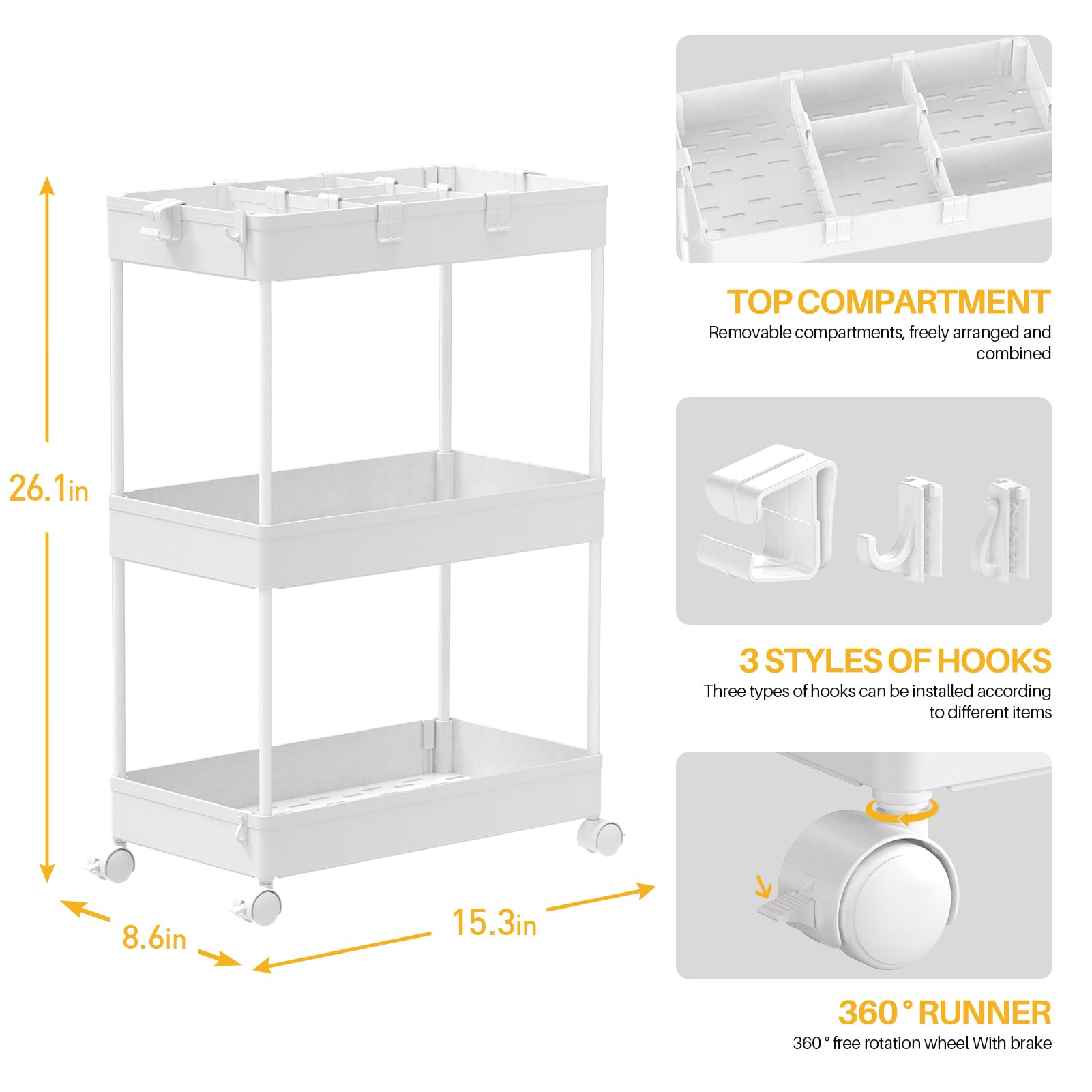 SPACELEAD 3 Tier Rolling Cart with Wheels, Storage Craft Art Cart Trolley Organizer Serving Cart, 3 Hanging Baskets Easy Assembly, for Office, Living Room, Kitchen, White