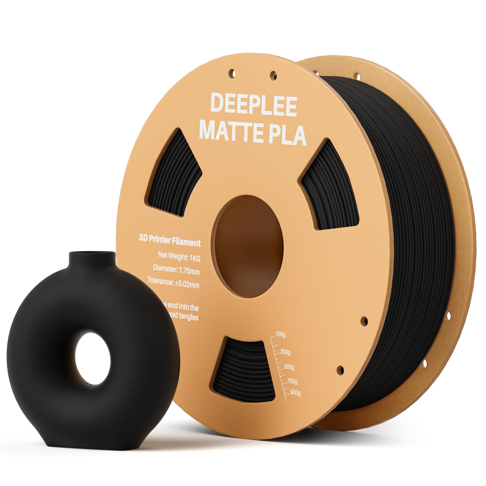 DEEPLEE Matte PLA Filament 1.75mm, 3D Printer Filament Dimensional Accuracy +/- 0.02mm, No Clogging, Higher Toughness, Cardboard Spool 3D Filament, 1kg Black