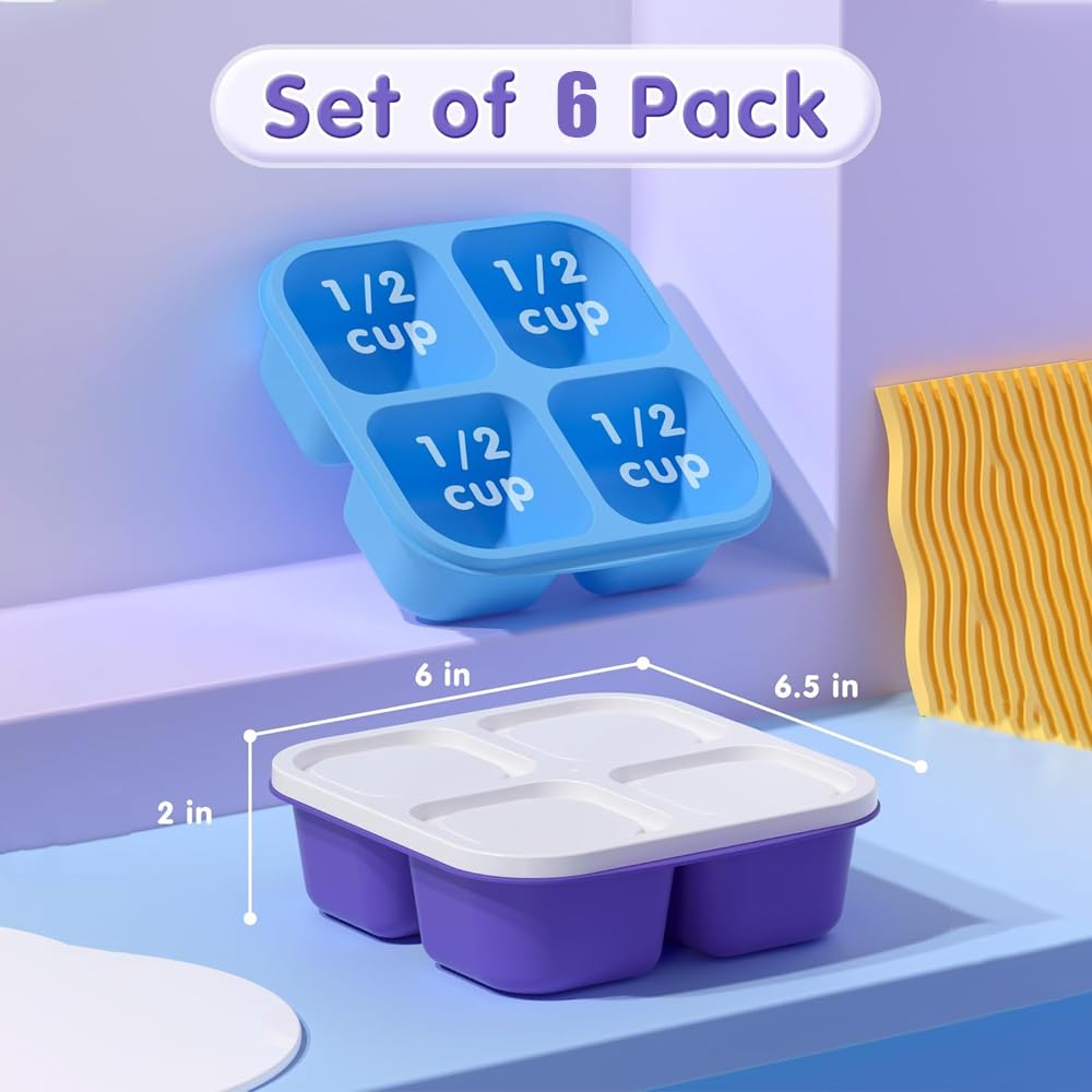 6 Pack Bento Snack Containers Set，Reusable 4 Compartment Divided Food Storage Containers with Lids Stackable for School, Work, and Travel