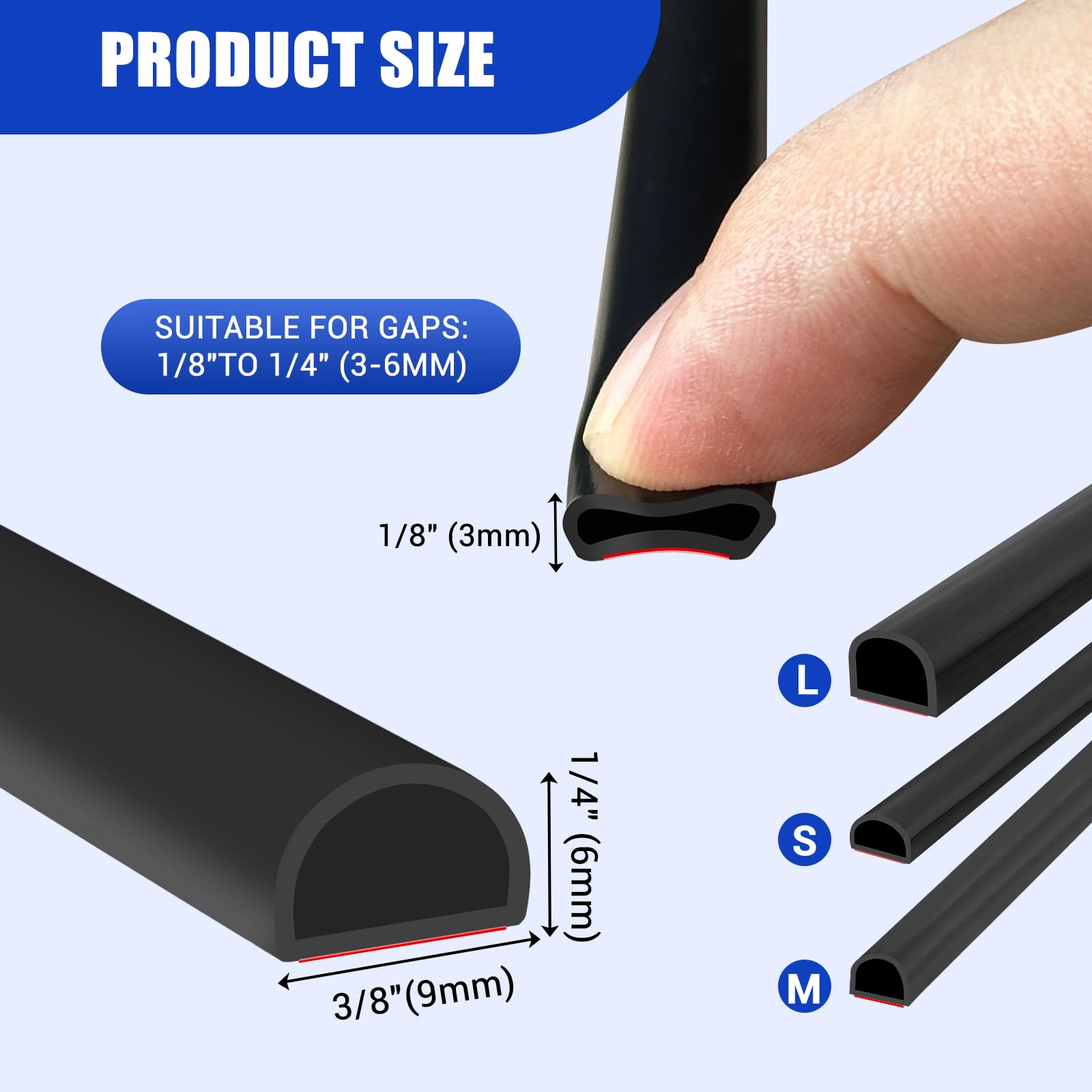 Weather Stripping Door Seal Self Adhesive Weather Strip Silicone D Shaped Door Seal Strip for Door Frame/Window Seal, 20Ft, Black (3/8" W × 1/4" T)