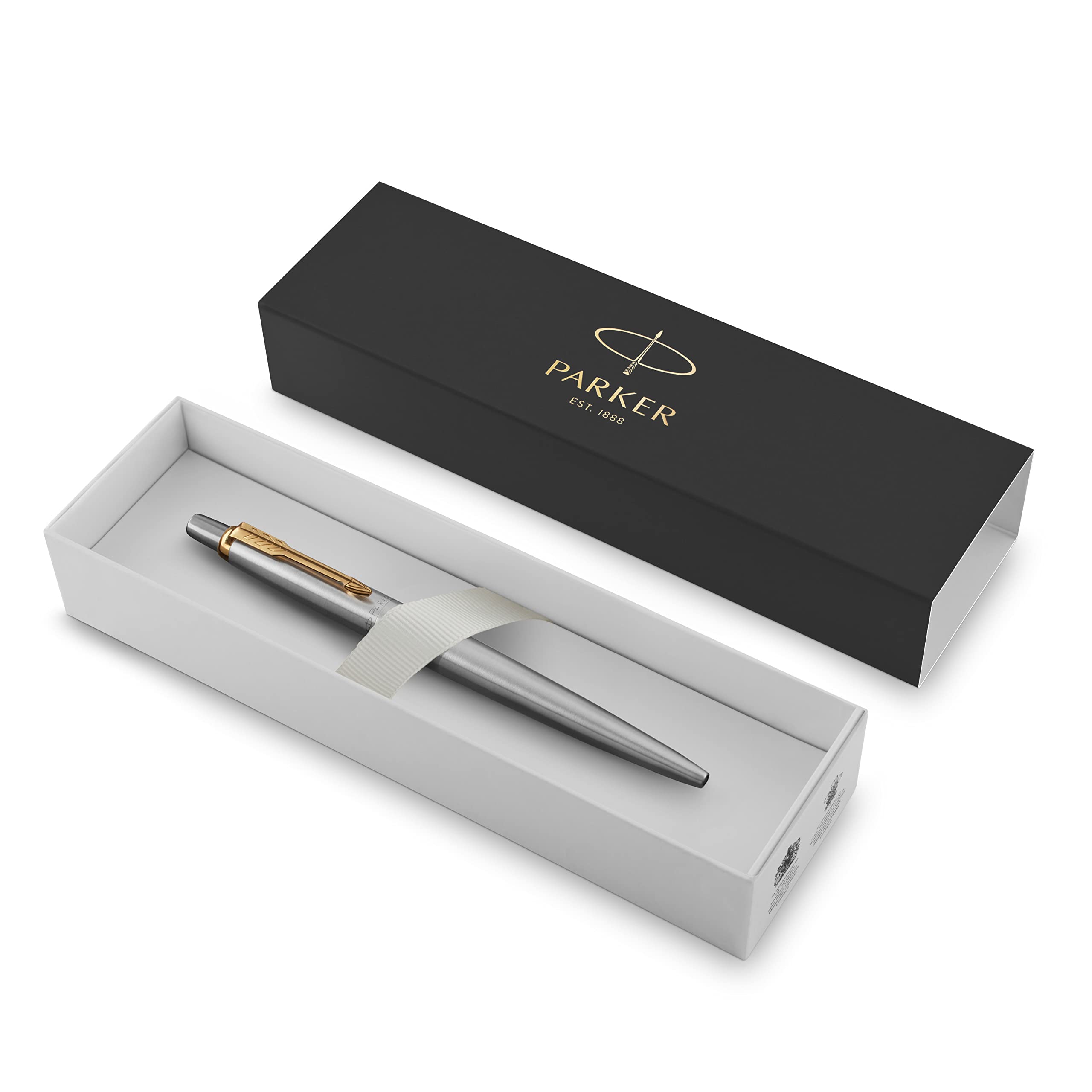 Parker Jotter Ballpoint Pen, Stainless Steel with Chrome Trim, Medium Point, Blue Ink, Gift Box, ‎1 Count (Pack of 1)