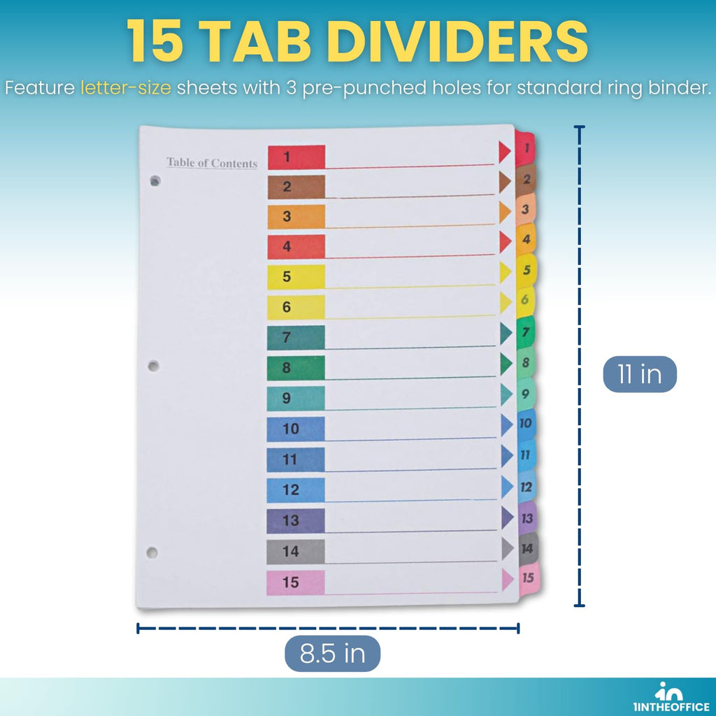 1InTheOffice 15 Tab Dividers for 3 Ring Binders, Table of Contents, 8.5" x 11", Multicolor Tabs, 6 Pack