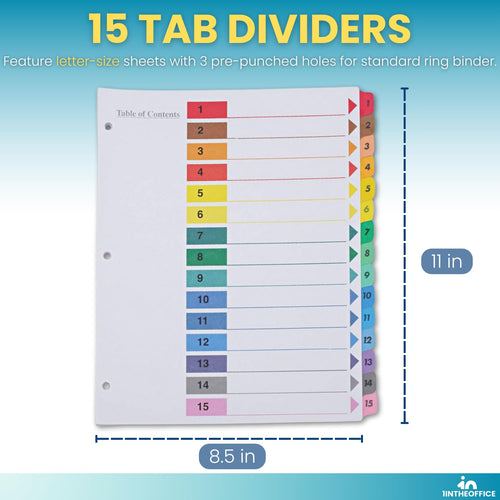 1InTheOffice 15 Tab Dividers for 3 Ring Binders, Table of Contents, 8.5" x 11", Multicolor Tabs, 6 Pack