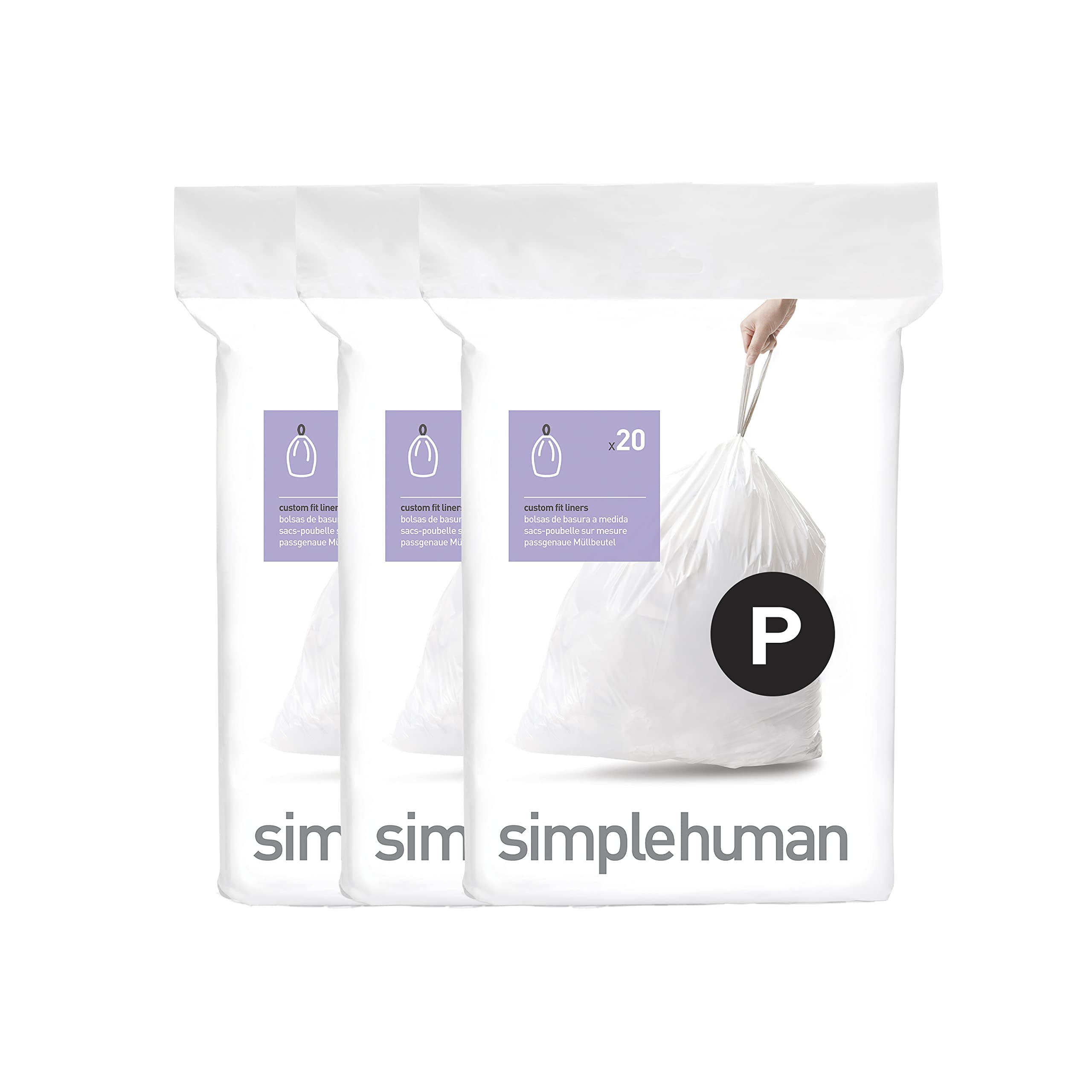 simplehuman Code P 60 Count, Dispenser Pack Custom Fit Liners, Drawstring Trash Bags, 50-60L / 13-16 Gallons, White