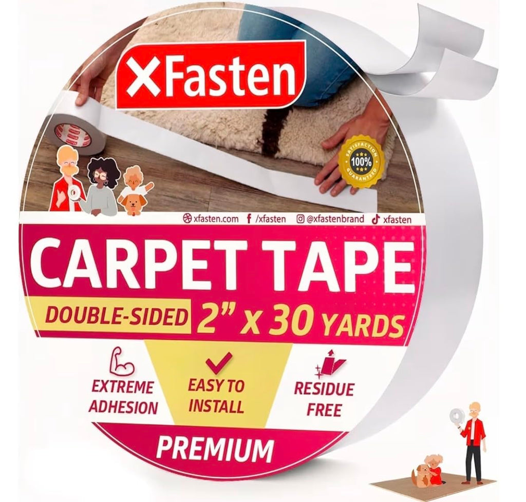 XFasten Double Sided Carpet Tape for Area Rugs 2 Inch x 30 Yards, Residue-Free Carpet Tiles Tape, Removable Heavy-Duty Rug Pad Gripper for Hardwood, Vinyl Flooring Underlayments, Laminate- Wood-Safe
