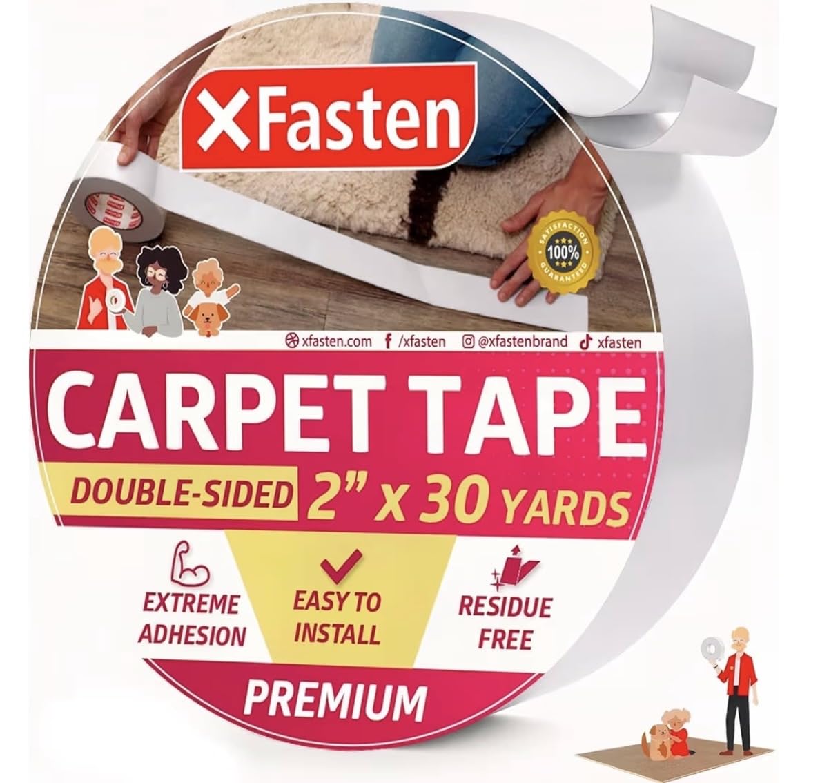 XFasten Double Sided Carpet Tape for Area Rugs 2 Inch x 30 Yards, Residue-Free Carpet Tiles Tape, Removable Heavy-Duty Rug Pad Gripper for Hardwood, Vinyl Flooring Underlayments, Laminate- Wood-Safe