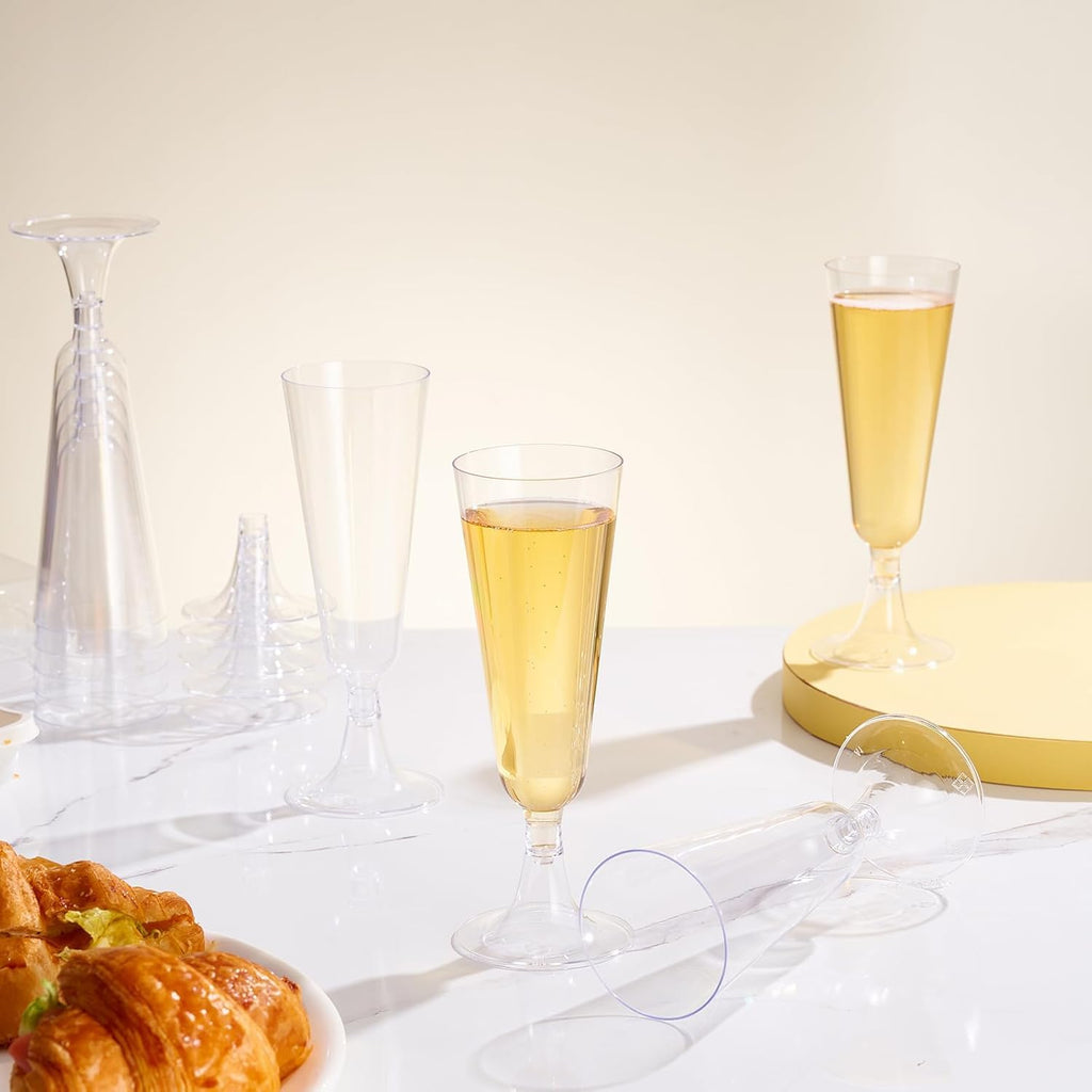 Fenhupe 50 PCS 5 oz Plastic Champagne Flutes Disposable, Clear Champagne Glasses, Easy Assemble Plastic Wine Glasses, Light Plastic Cocktail Glasses for Celebration Wedding Party