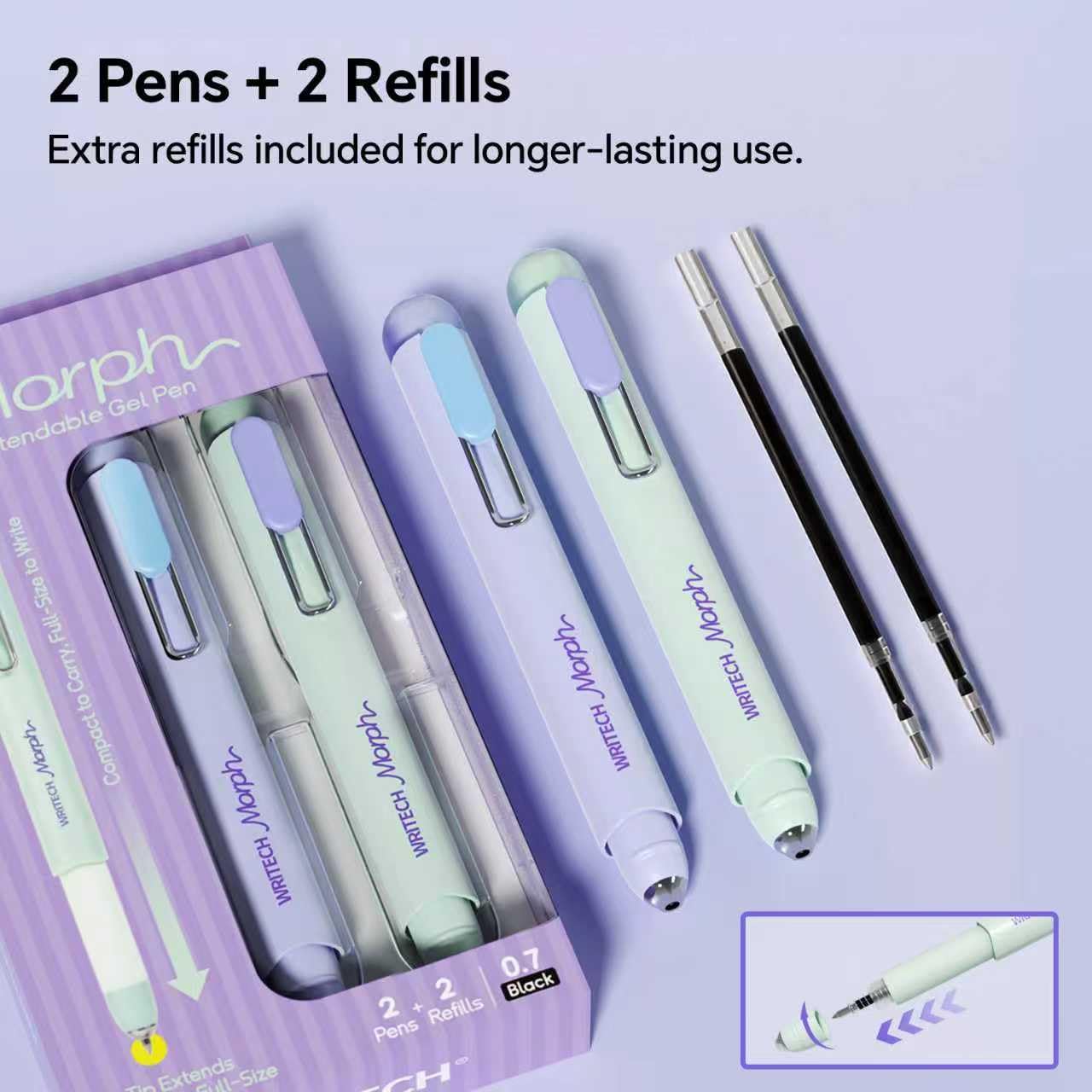 WRITECH Gel Pen Fine Point: 0.7mm Black Ink Mini to Full Size Soft Grip Portable Extendable Pocket Pen Set with 2 Pens and 2 Refills
