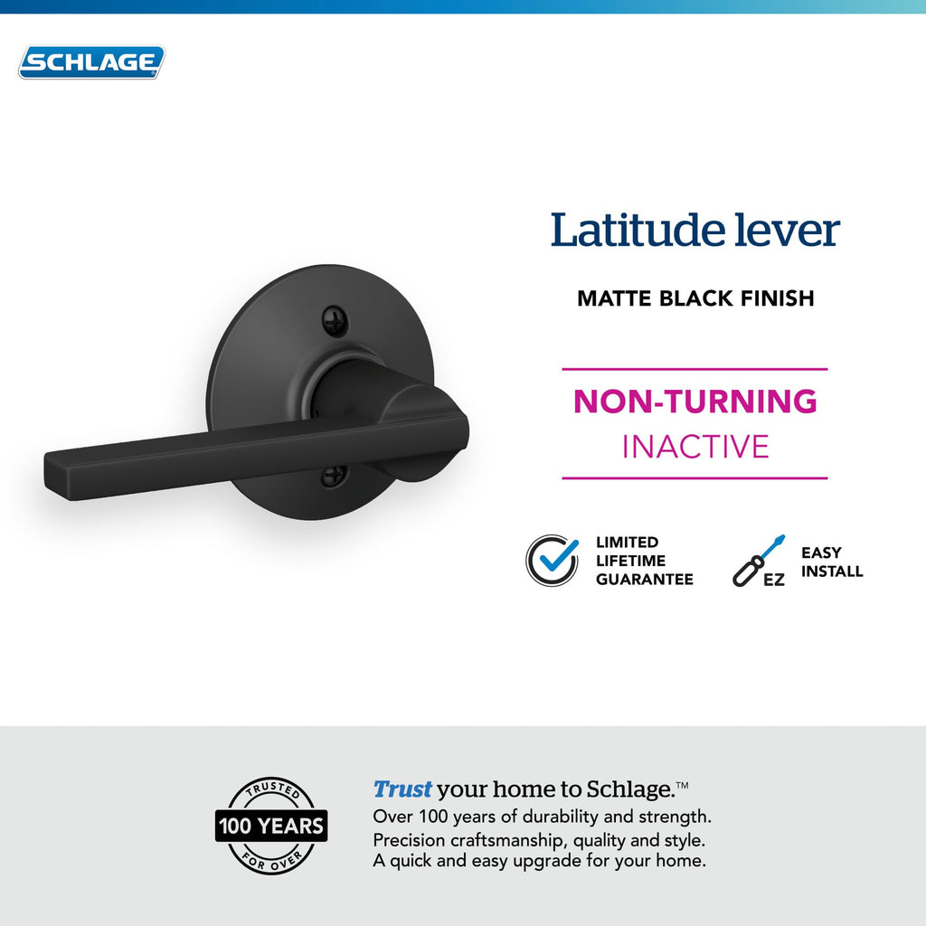 Schlage F170 LAT 622 Latitude Door Lever with Standard Trim, One-Sided Non-Turning Dummy Handle, Matte Black