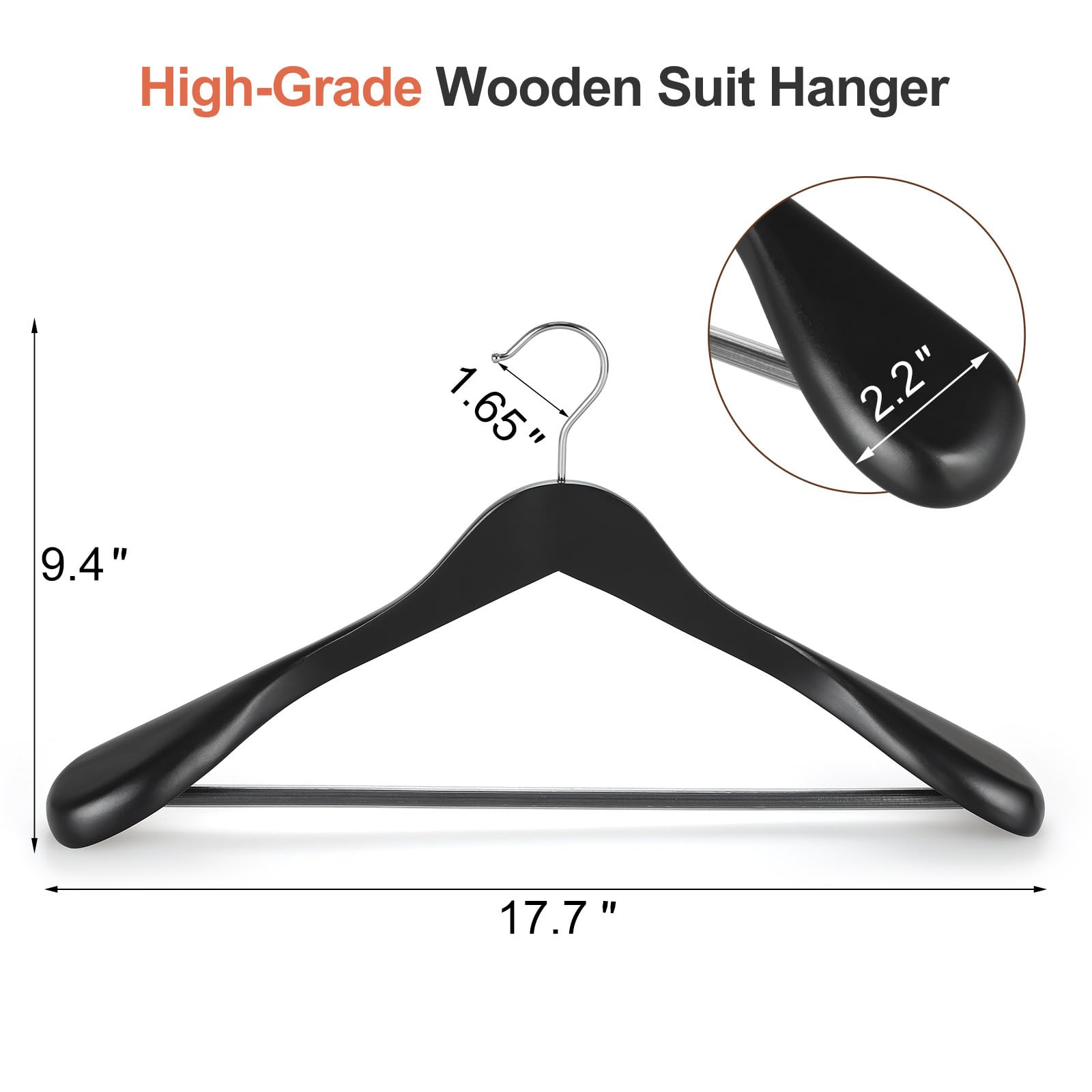 TOPIA HANGER Wide Shoulder Wooden Hangers, Suit Hangers with Non Slip Pants Bar & 360° Swivel Hook, Solid Wood Heavy Duty Coat Hanger, 6 Pack (Matte Black)-CT02B