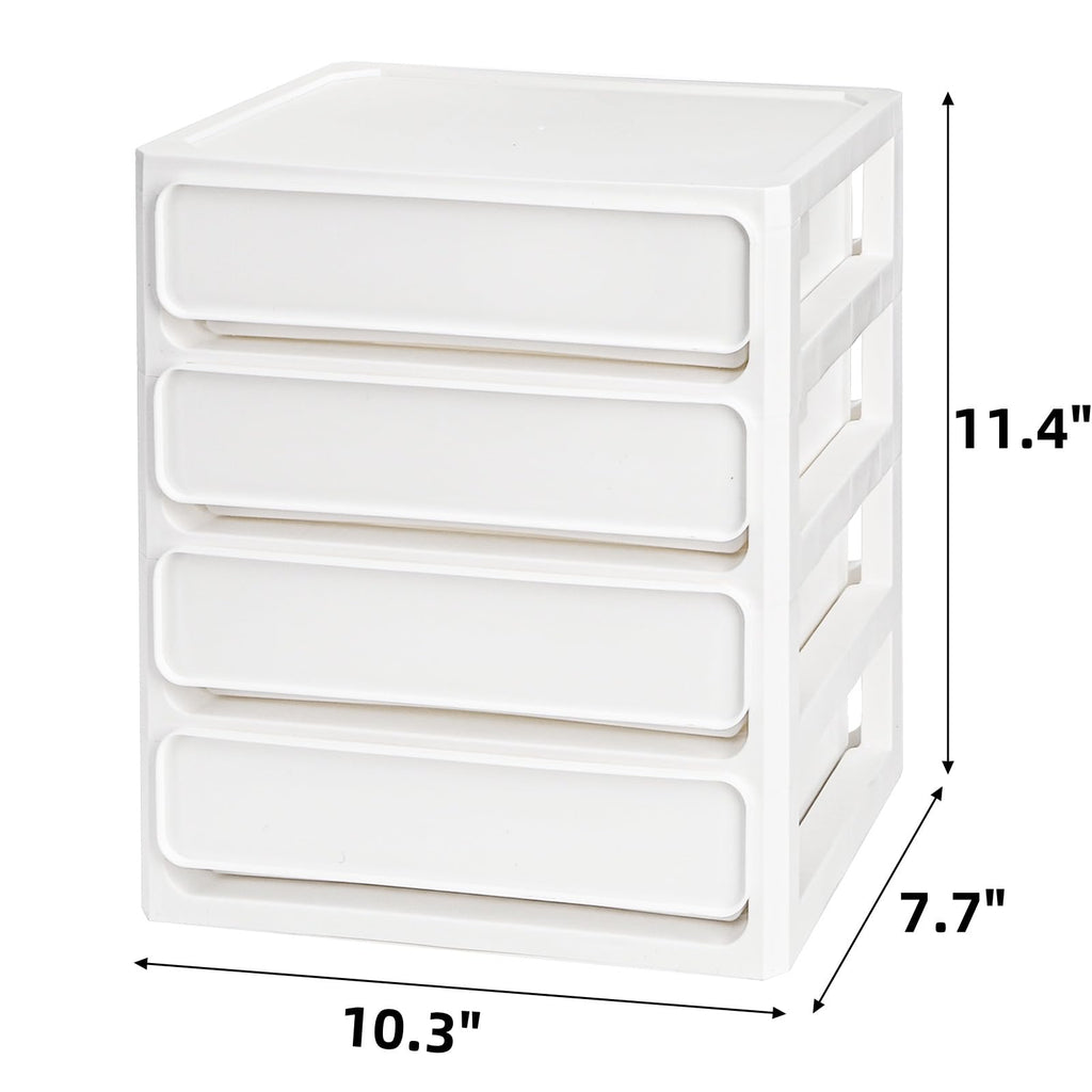Covzoe 4 Drawer Desktop Storage Unit, 4 Layer Plastic Stacking Tabletop Organizer, White Storage Bin Container with Sliding Drawers, Desk Stationery Organizer Box for Home Classroom Office