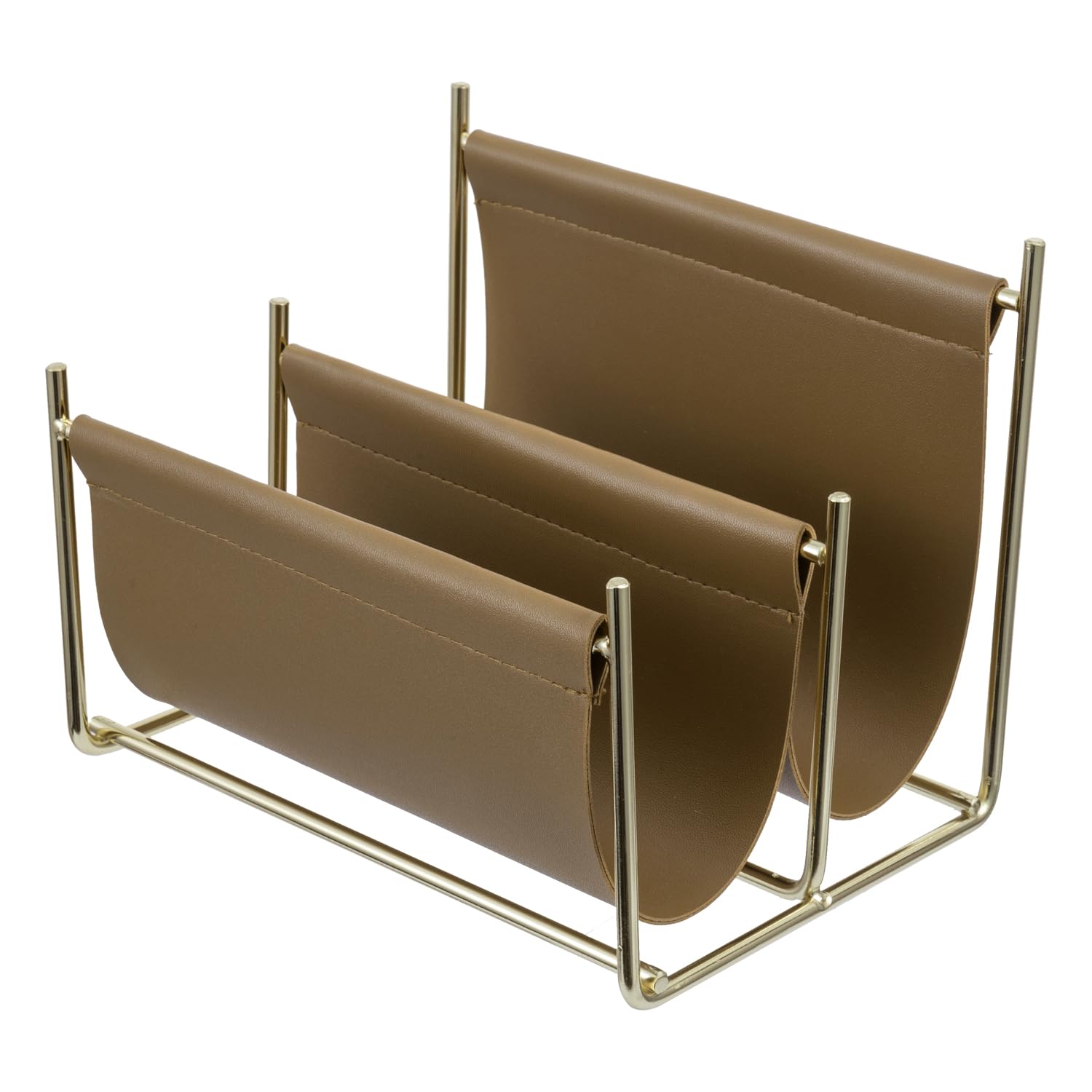 MyGift 2 Slot Modern Mail Holder, Deluxe Brass Tone Metal and Toffee Brown Leatherette Sling Entryway or Desktop Tabletop Letter Sorter