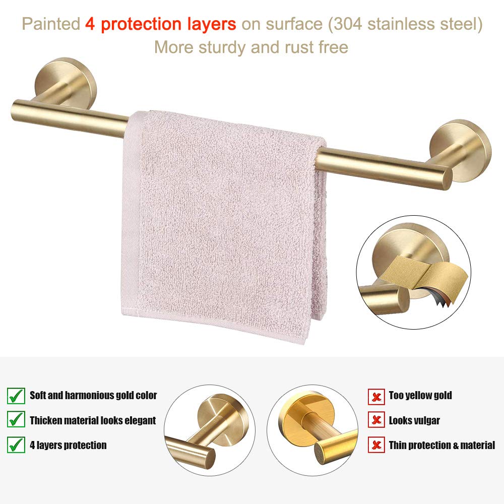 TocTen Bathroom Hardware Set SUS304 Stainless Steel-Towel Rack Set Include Hand Towel Bar+Toilet Paper Holder+3 Robe Towel Hooks Bathroom Accessories Towel Bar Set (Brushed Gold, 5 Pcs 16 Inch)
