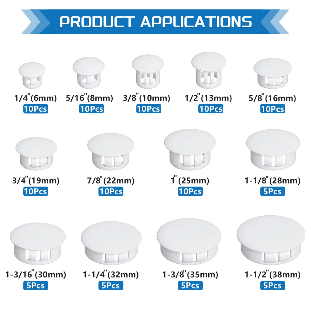 JTAREA White Nylon Plastic Hole Plugs Assorted 13Values 1/4" 5/16" 3/8" 1/2" 5/8" 3/4" 7/8" 1" 1-1/8" 1-3/16" 1-1/4" 1-3/8" 1-1/2" Hole Plug Cover Kit for Furniture Cabinet Insert End Caps