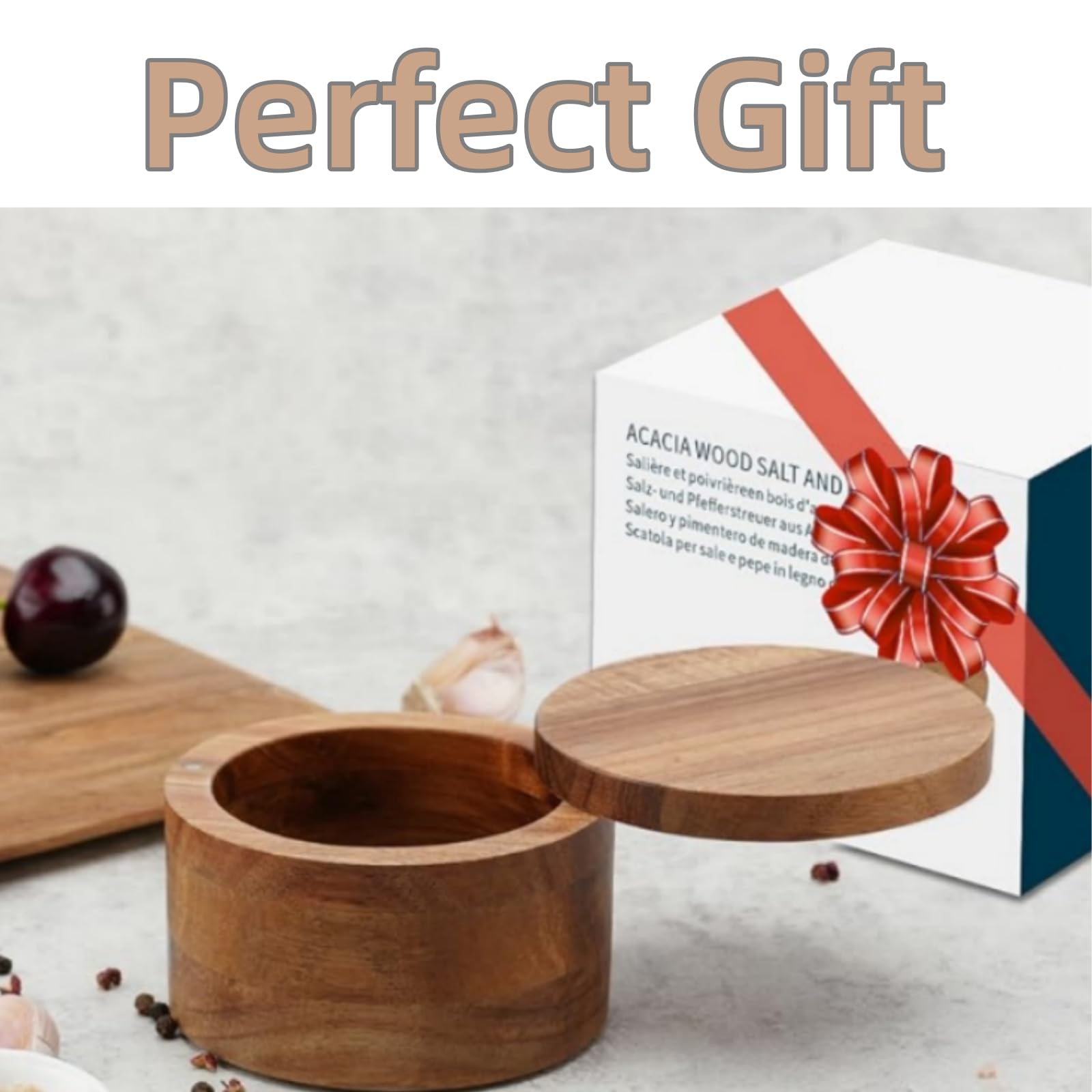 Pochita Global Acacia Wood Salt Cellar Bowl Box with Swivel Magnetic Lid to Avoid Dust, Elegant Kitchen Salt Container Holder with to Storage Pepper Spice Bath Salt Sea Salt, 6OZ（No Spoon）