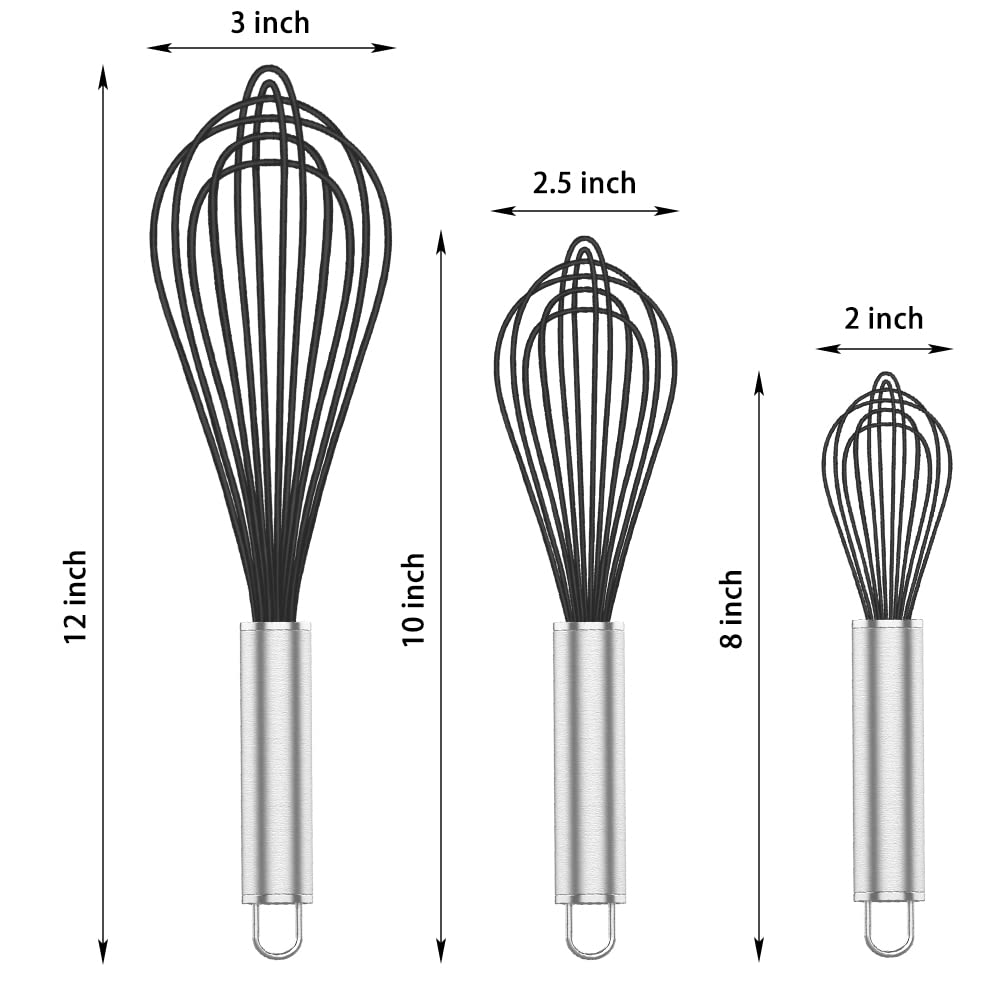 OYV Silicone Whisk,3 Pack Professional whisks for Cooking Non Scratch,Stainless Steel & Silicone wisk,Plastic Rubber Whisk for nonstick cookware,Small Silicone Whisk Set,Black